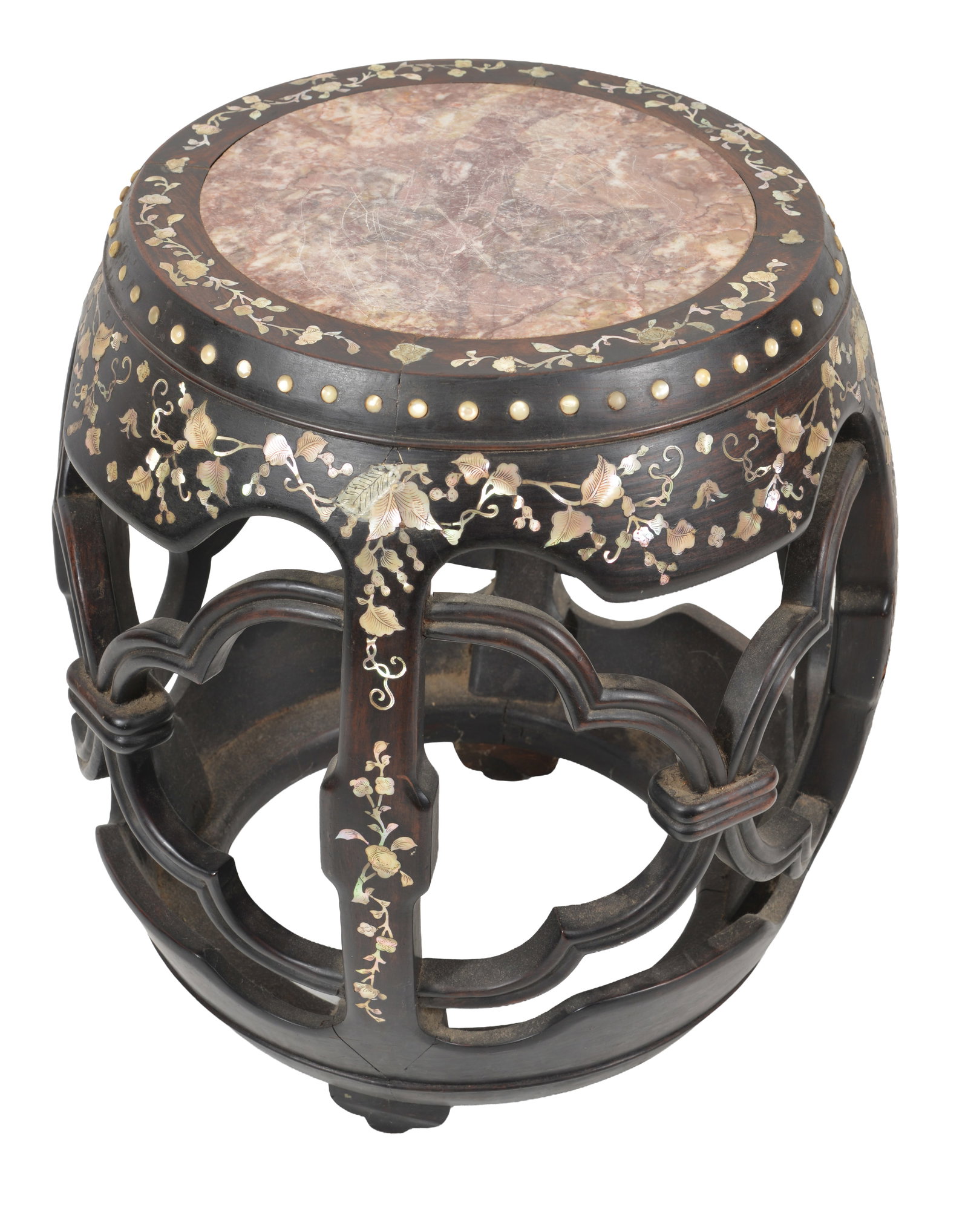 Reticulated hardwood barrel seat. China. Pink marble inset top. Mother of pearl floral vine inlay - 2