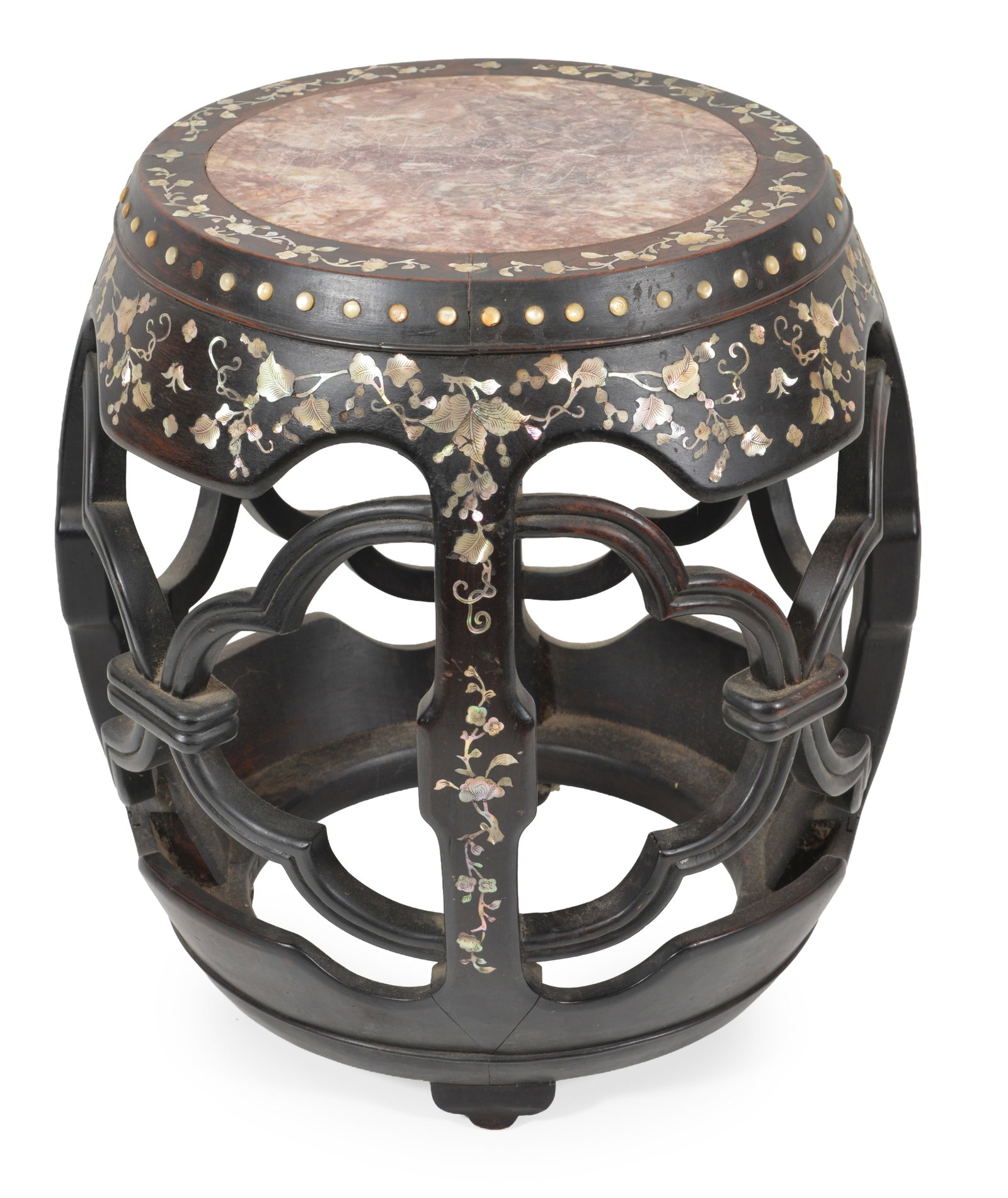 Reticulated hardwood barrel seat. China. Pink marble inset top. Mother of pearl floral vine inlay - 3