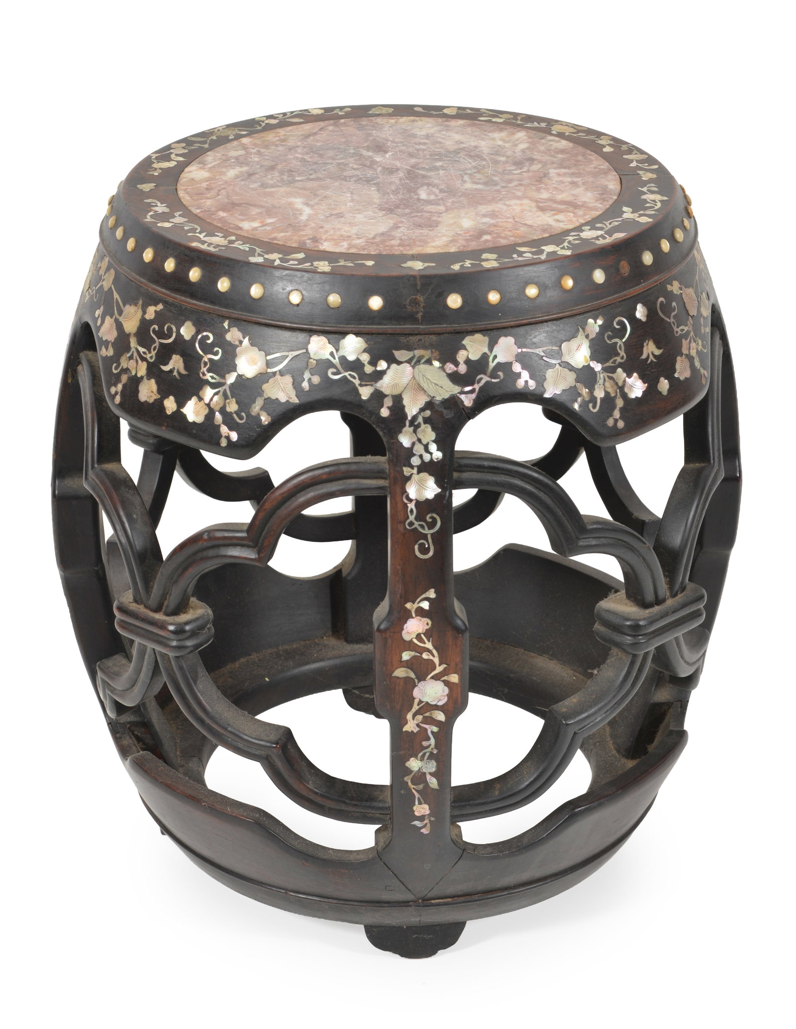 Reticulated hardwood barrel seat. China. Pink marble inset top. Mother of pearl floral vine inlay - 4