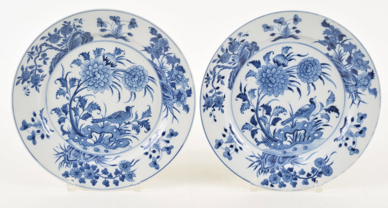 Pair of 18th century Chinese large blue and white plates. Bird and flowering branch decoration. Ming (1 of 7)