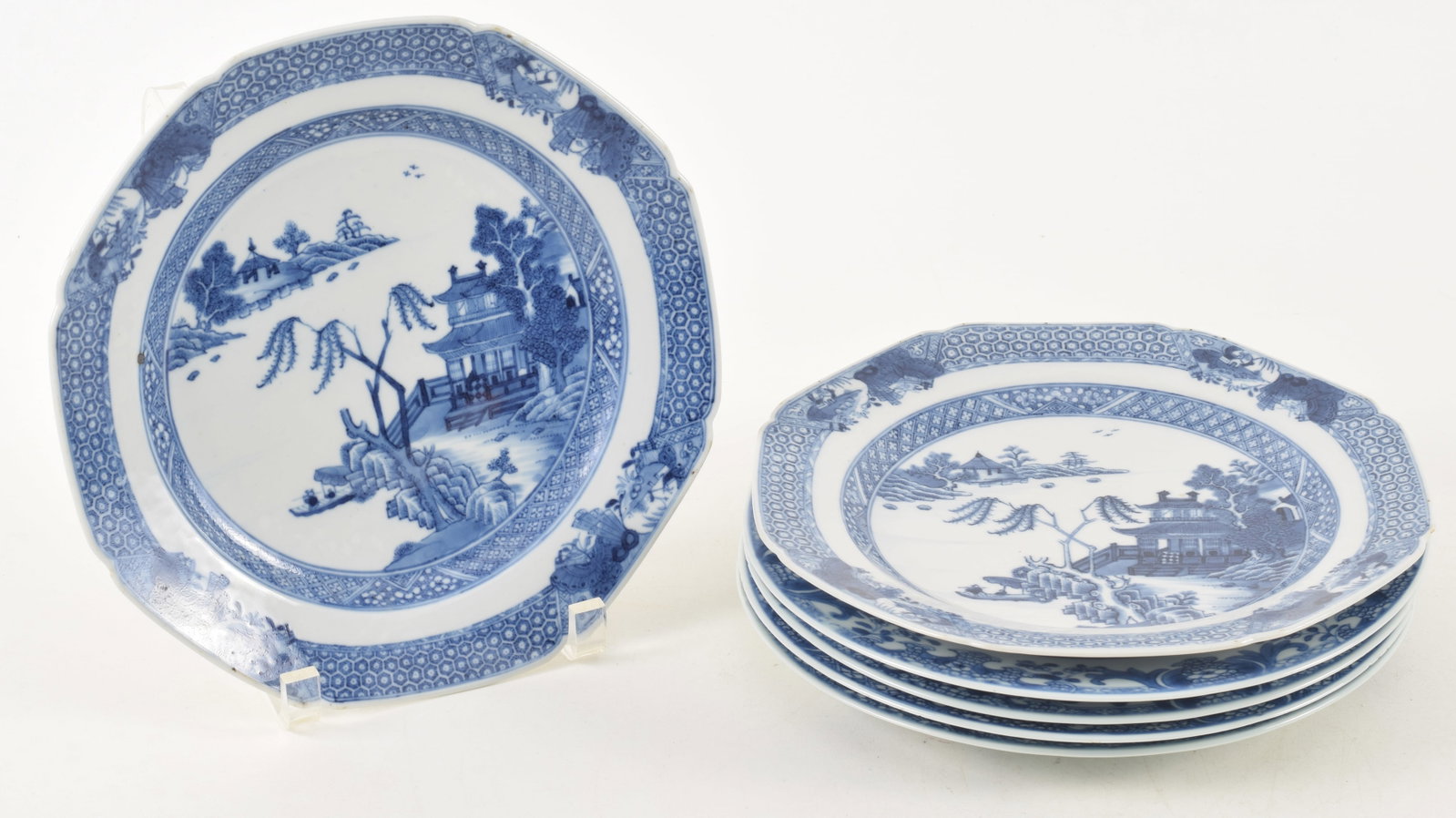 6 18th century Chinese export blue and white porcelain plates. 1) Pair with pavilion landscape (1 of 7)
