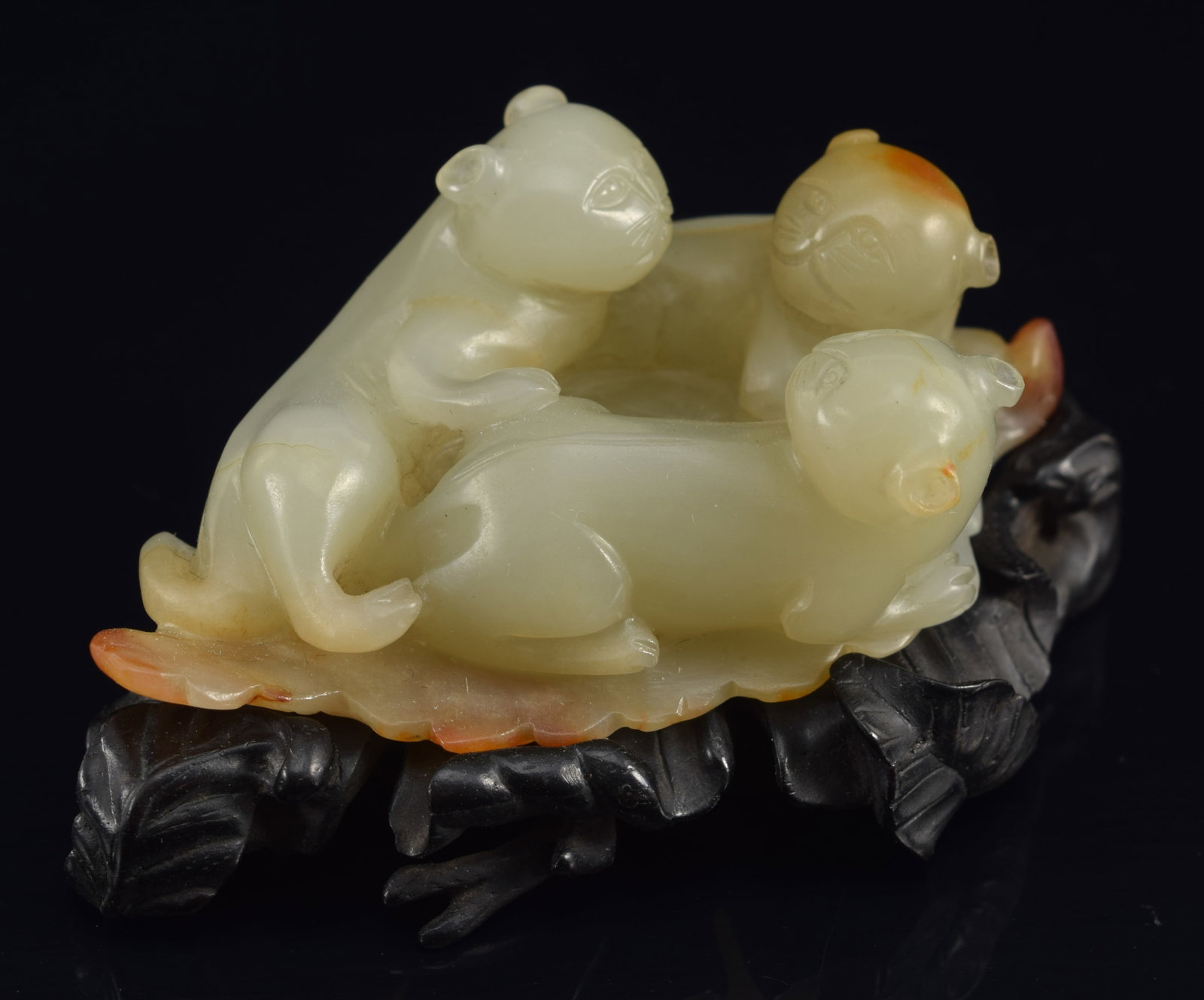 Jade group. Study of 3 cats. China. 18th/19th century. Celadon jade with russet markings. Fitted (1 of 7)