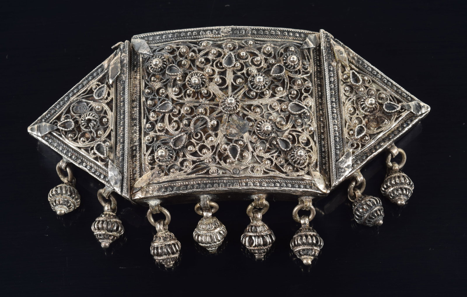 Antique Ottoman silver belt buckle. Elaborate bead and wirework design. Sphere dangles. Each piece (1 of 6)