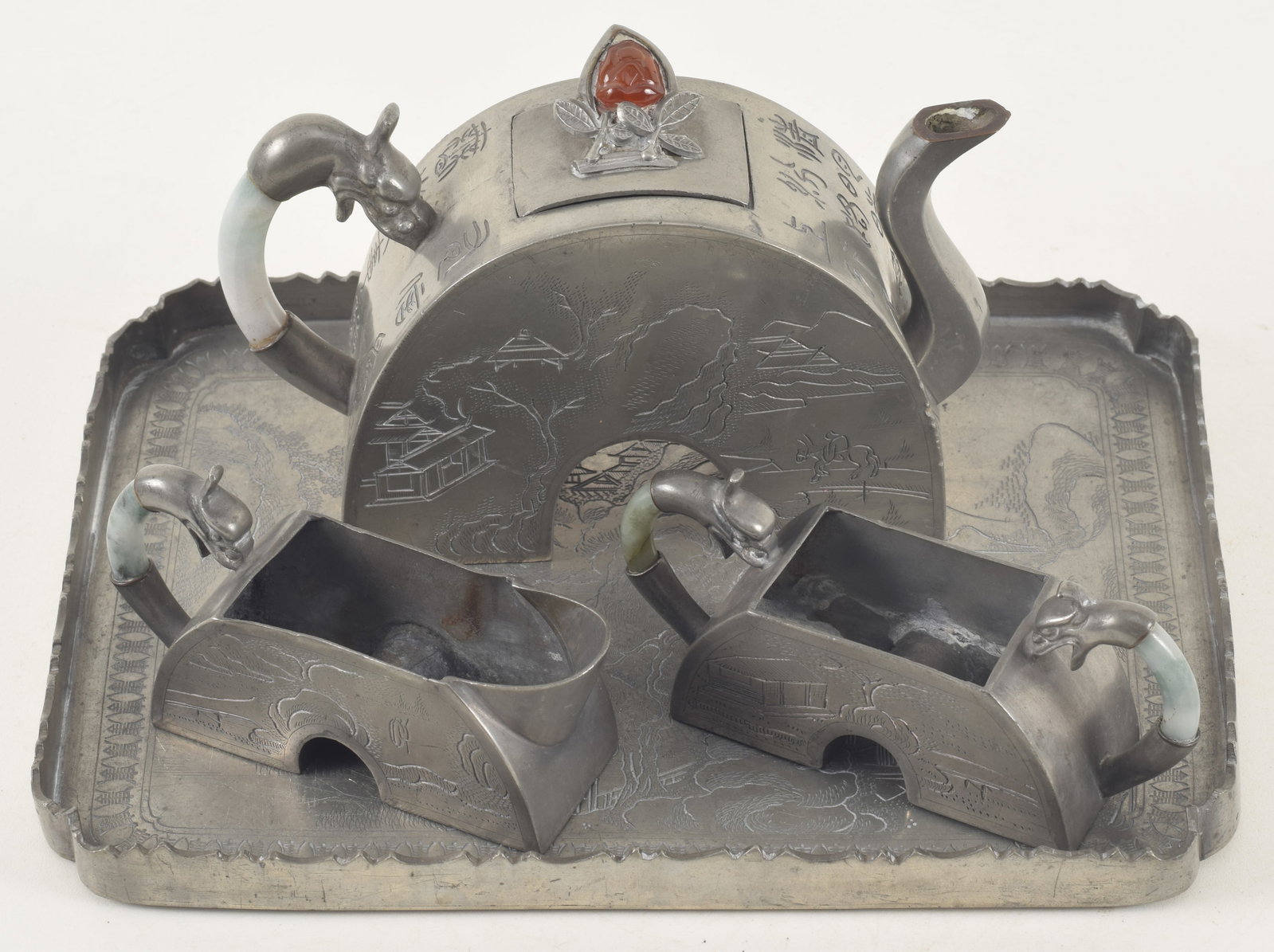 Chinese 4-piece pewter tea set. Arched form teapot, sugar, and creamer and hardstone set dragon form (1 of 11)