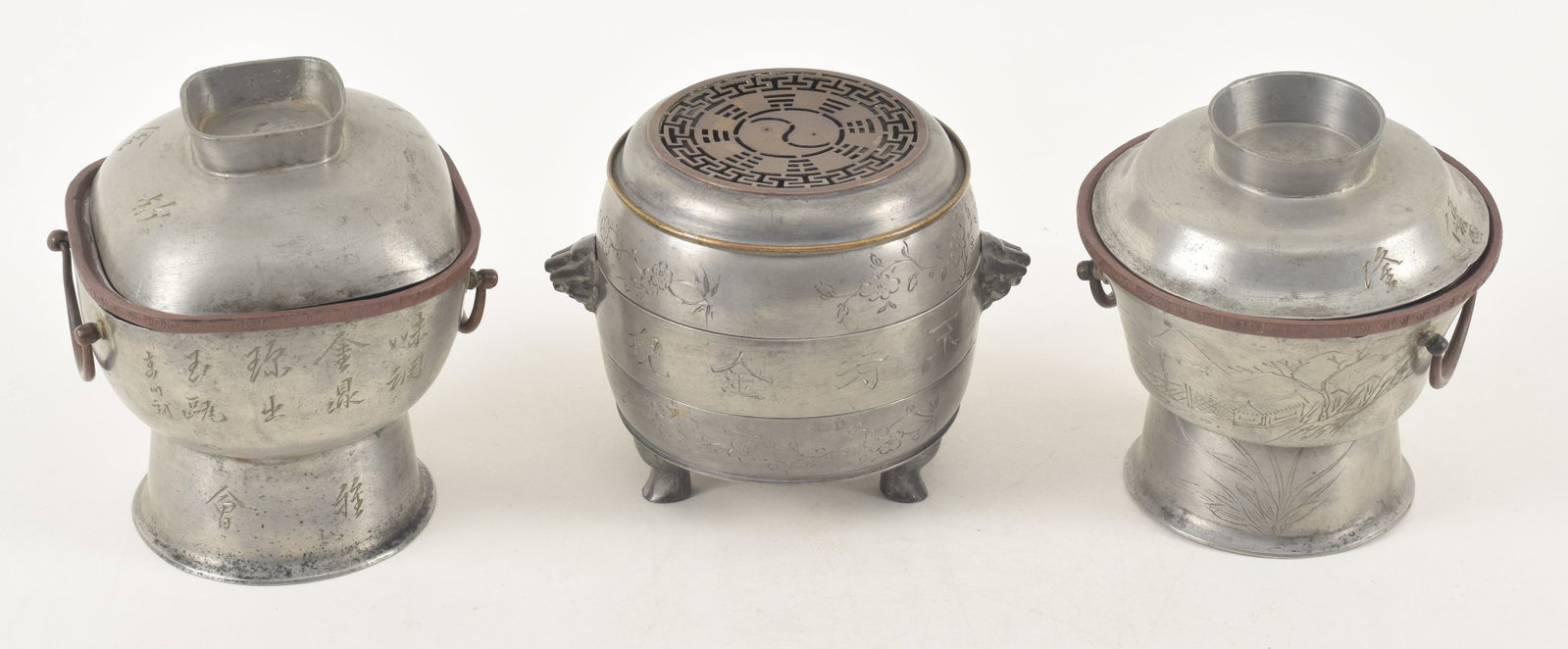 3 pieces of Chinese pewter. Early 20th century. 2 food warming service pieces and an incense clock (1 of 12)