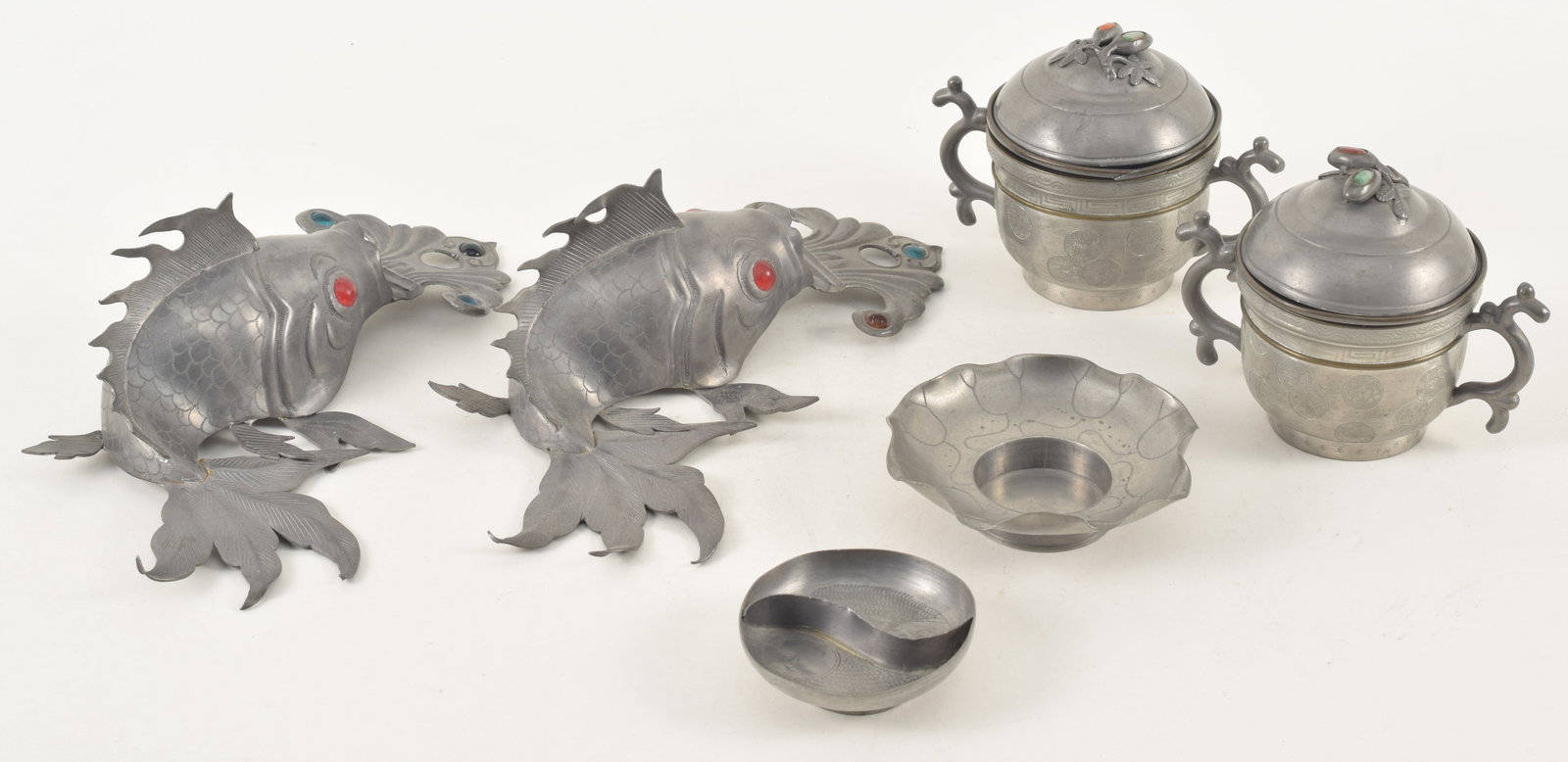 6 pieces of Chinese pewter. To include: 2 fish, 2 food service works, and 2 other pieces. Signed. (1 of 8)