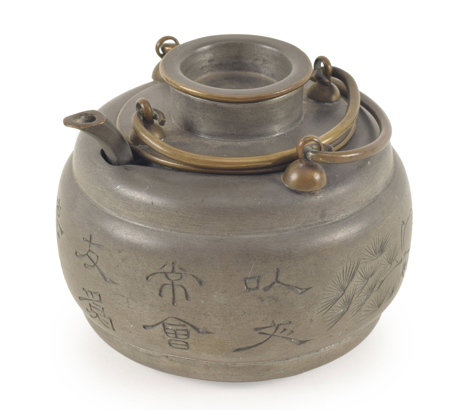 18th/19th century Chinese pewter teapot with lift out insert. Etched bird and branch decoration with (1 of 9)