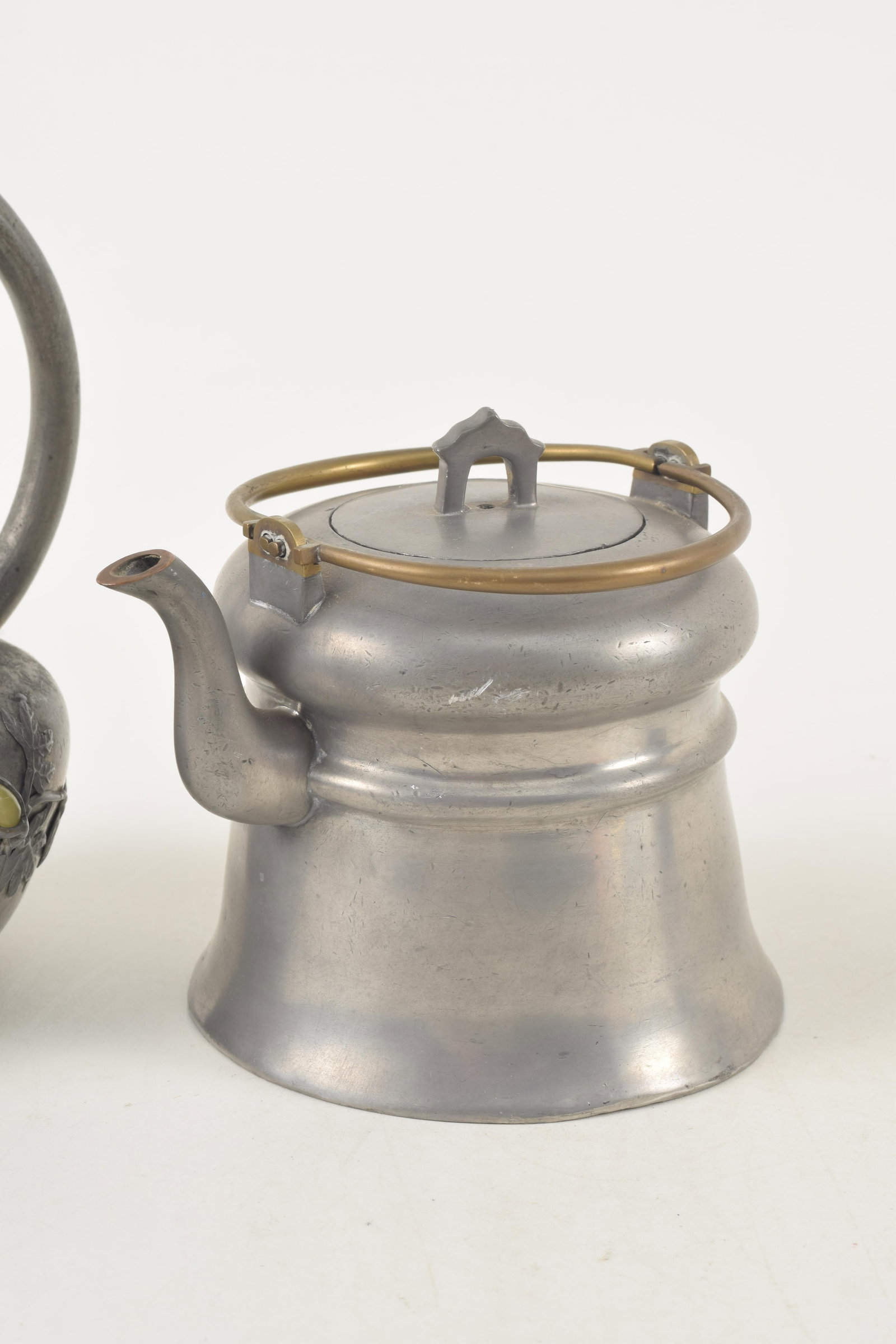 Lot of 3 antique Chinese pewter teapots. 1) Wide brass handled teapot. 2) Stone mounted relief - 5