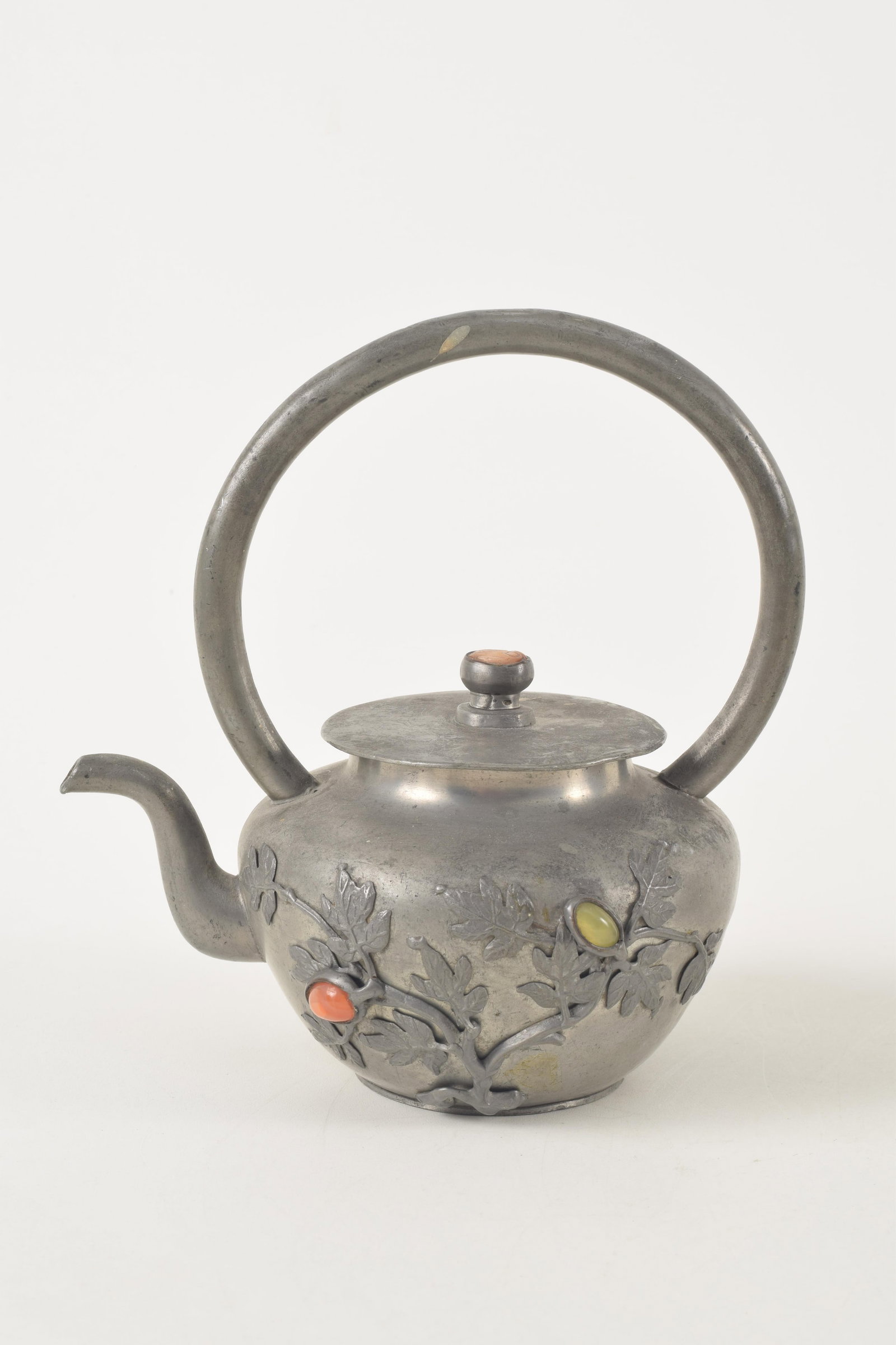 Lot of 3 antique Chinese pewter teapots. 1) Wide brass handled teapot. 2) Stone mounted relief - 7