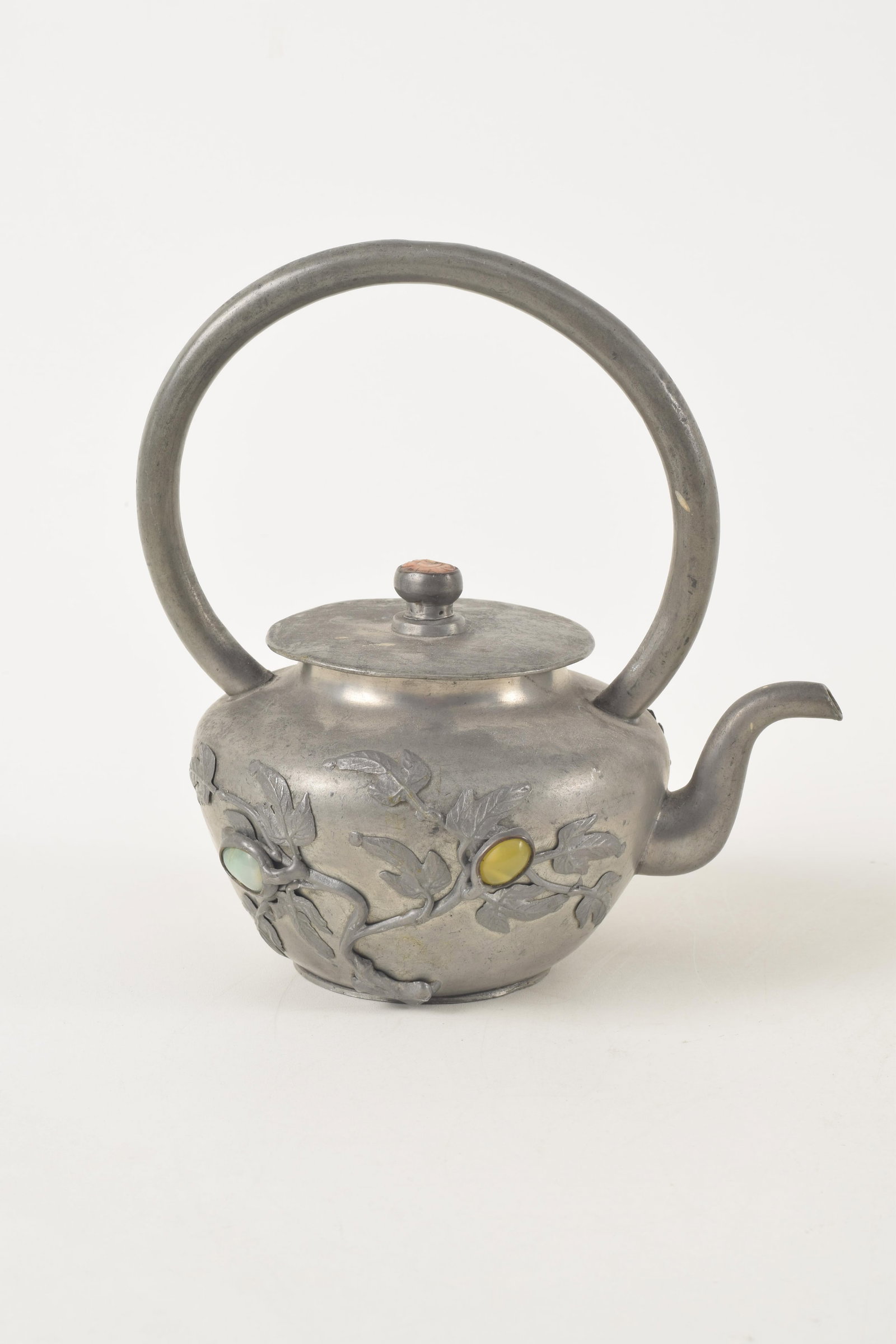 Lot of 3 antique Chinese pewter teapots. 1) Wide brass handled teapot. 2) Stone mounted relief - 8