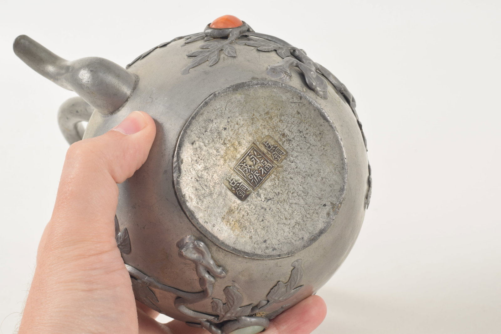 Lot of 3 antique Chinese pewter teapots. 1) Wide brass handled teapot. 2) Stone mounted relief - 9