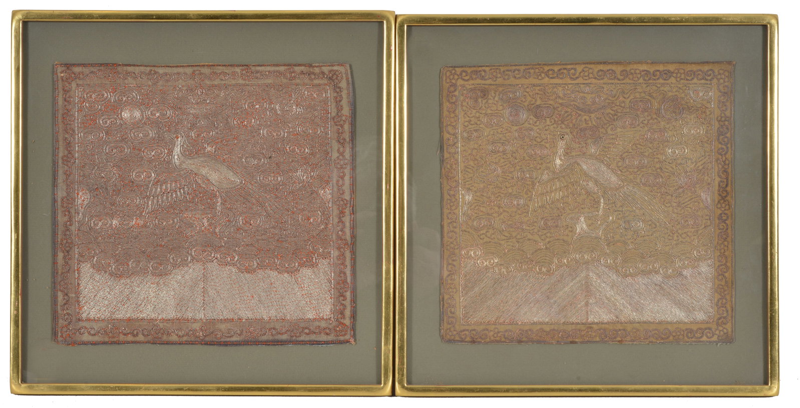 Pair of 19th century metallic thread Chinese rank badges. Framed. Overall size: 14.75in square. (1 of 11)