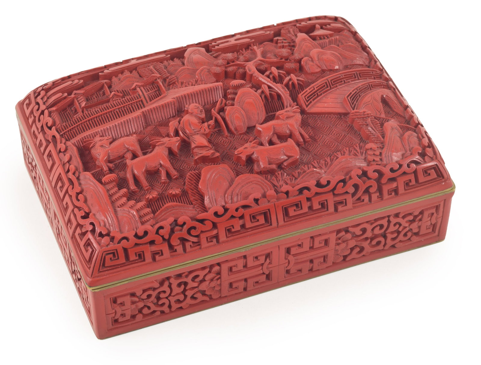 Early 20th century Chinese cinnabar hinged box. Landscape decoration. Blue enamel interior. 6in (1 of 6)