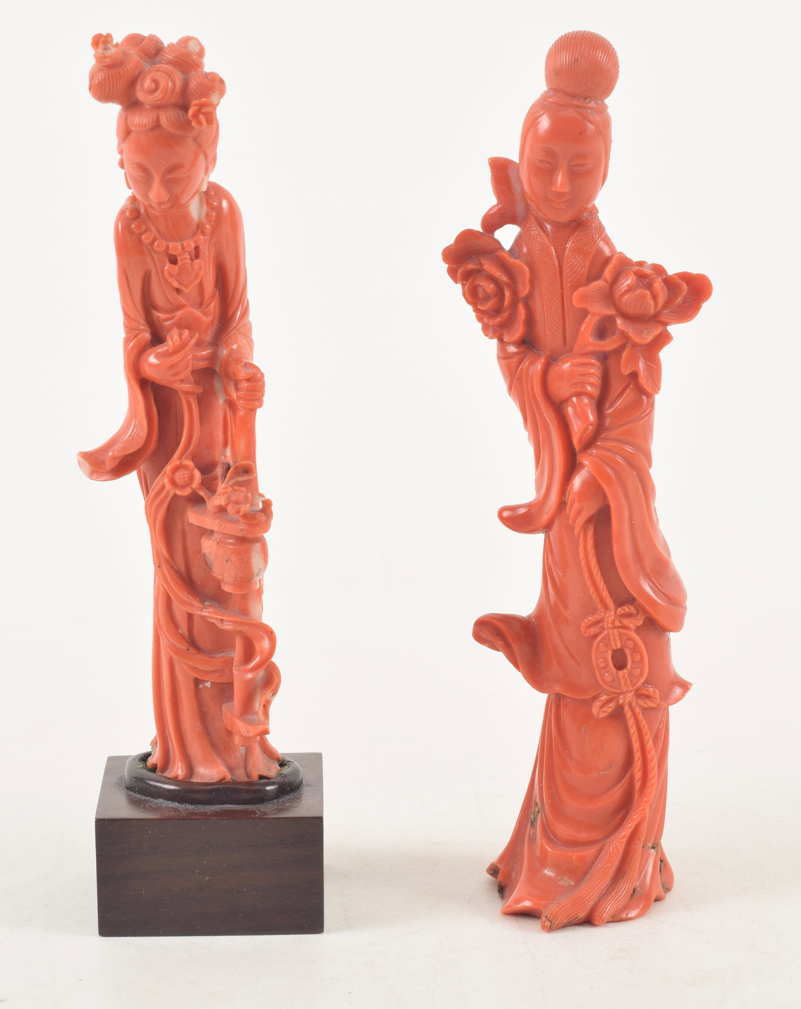 2 coral carvings. China. 19th century. Deep color. Carving of the immortal Lan Ho Tsai and Kuan Yin. (1 of 5)