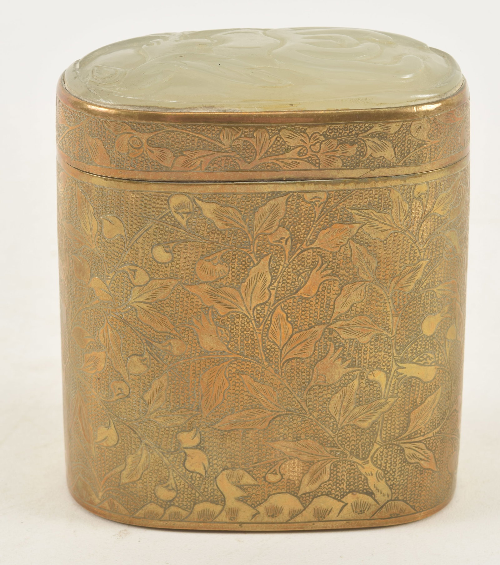19th/20th century Chinese white jade topped brass box. Jade carved with buddha's hand citrine. (1 of 5)