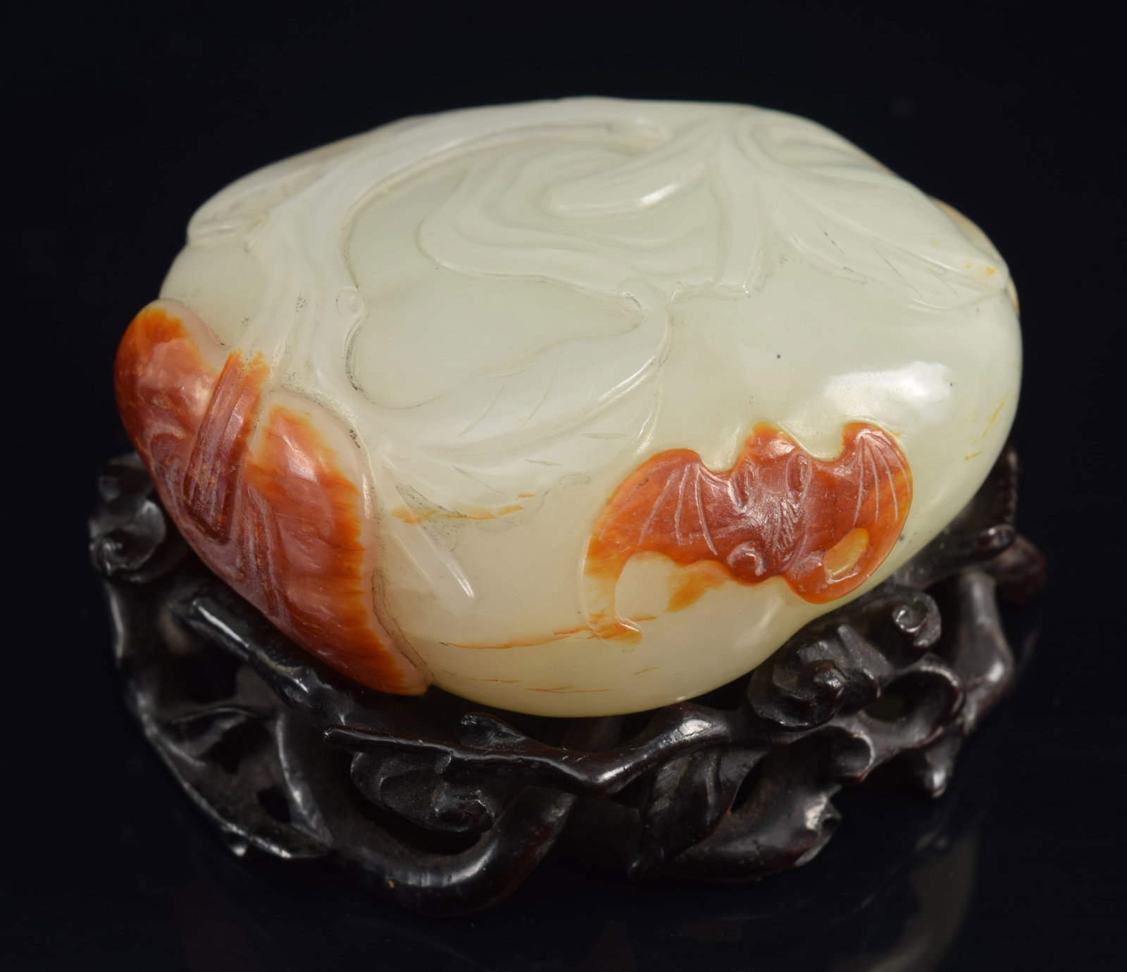 Pure white jade pendant with brilliant russet markings, carved as a peach and a bat. China. 18th (1 of 9)