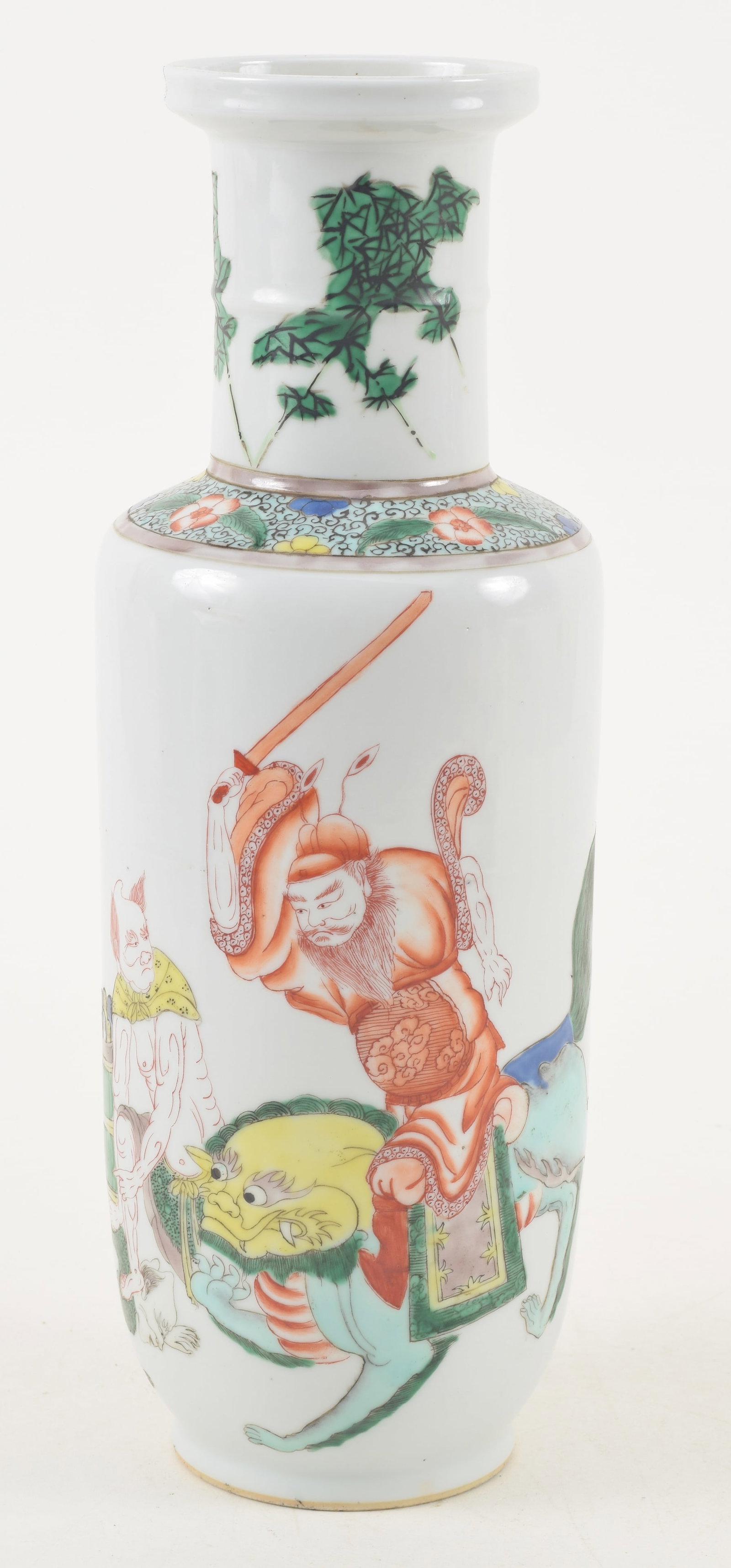Early 20th century Chinese wutsai porcelain rouleau form vase. Warrior decoration. 12in high. (1 of 7)