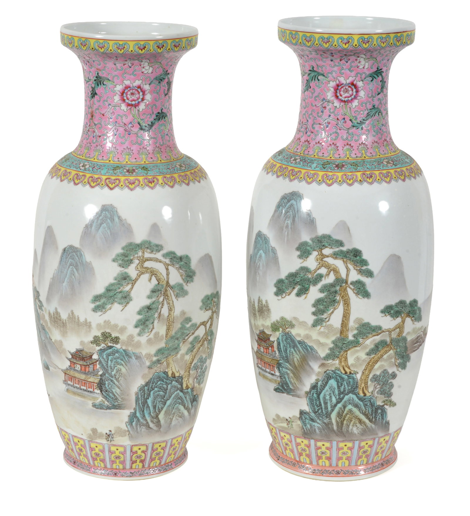 Pair of 20th century Chinese famille rose decorated porcelain vases. Landscape decorations with: Pair of 20th century Chinese famille rose decorated porcelain vases. Landscape decorations with inscriptions and seals. Hallmarked. 23.75in high.
