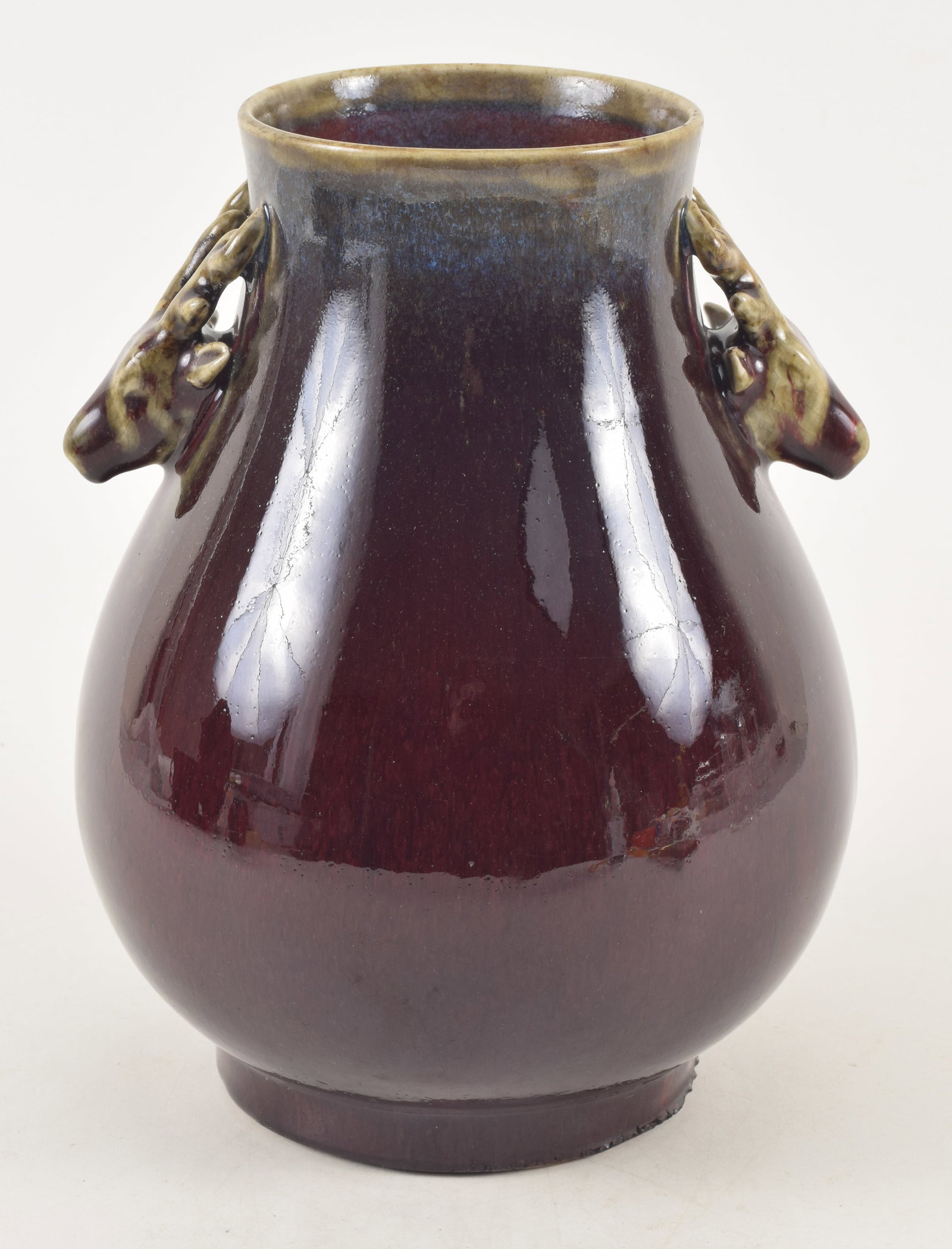 19th century Chinese porcelain flambe glazed hu form vase with stag head handles. Base with tight (1 of 7)