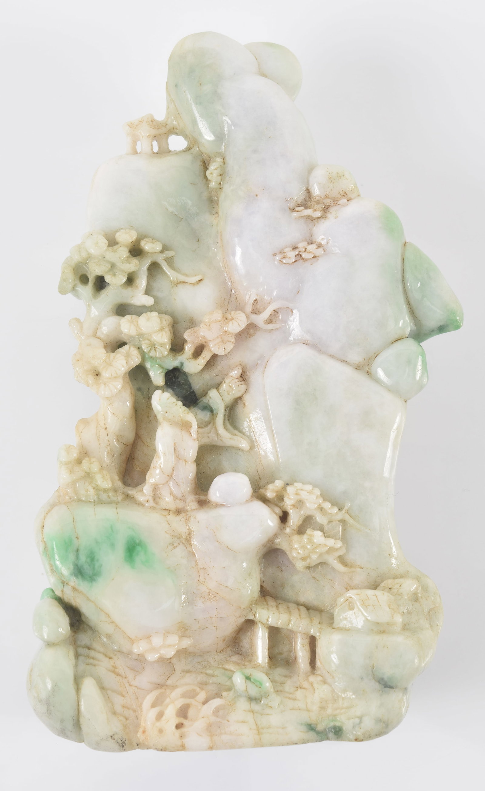20th century Chinese carved jadeite mountain grotto with figures and trees. 6.25in high. (1 of 3)