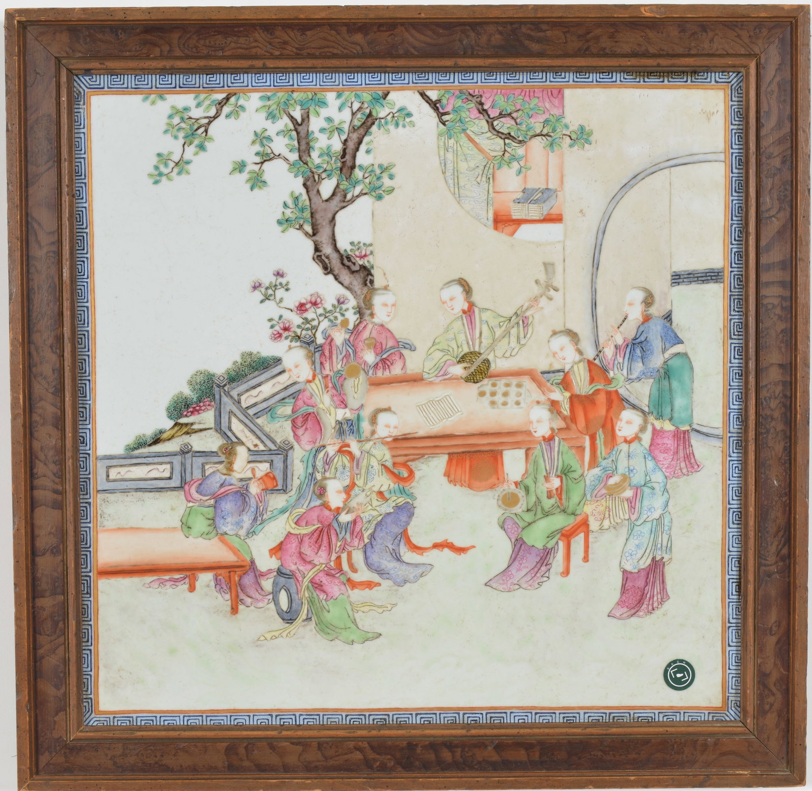 Large 19th century Chinese famille rose porcelain plaque with women playing instruments in a (1 of 7)