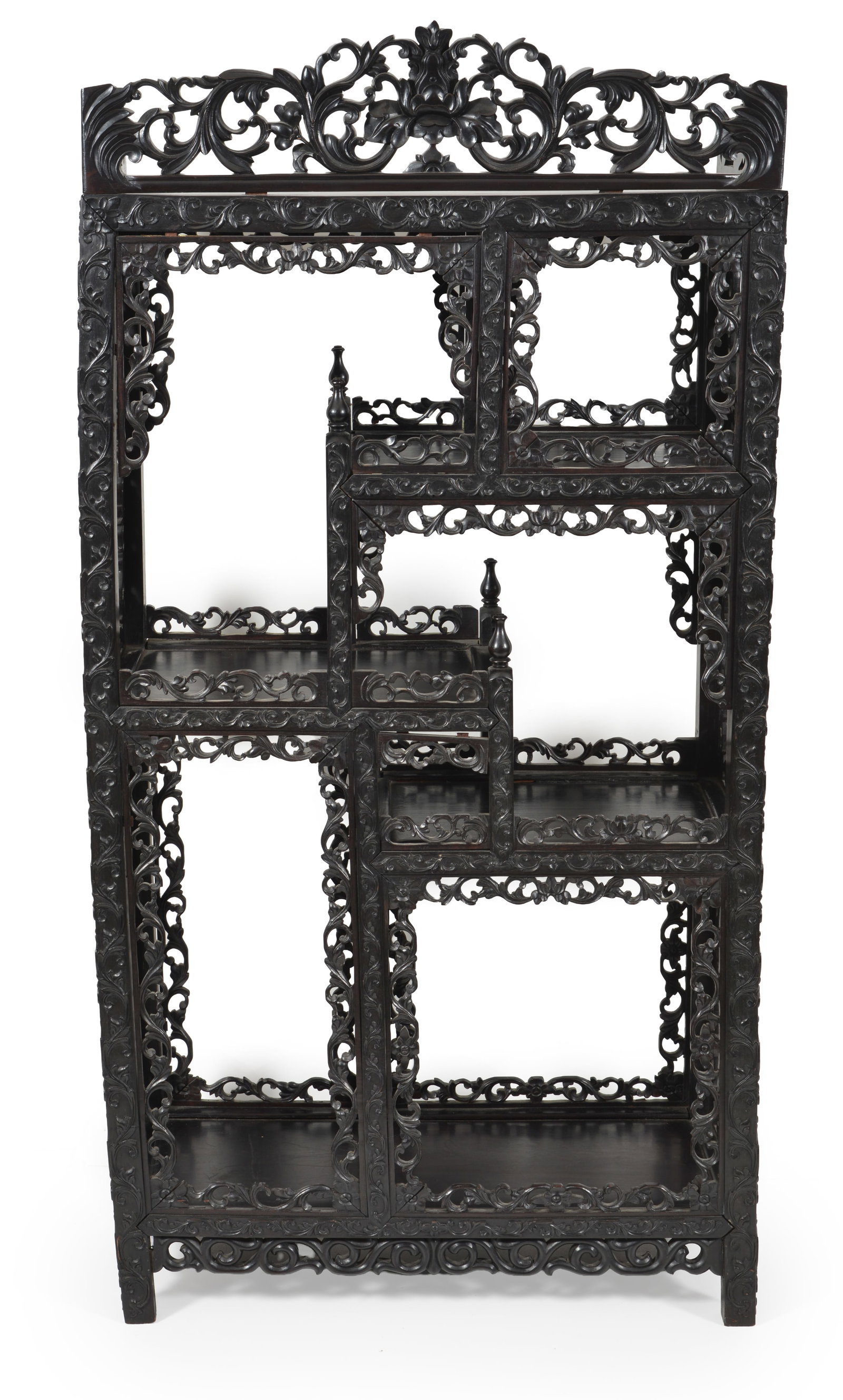 19th century Chinese export carved rosewood etagere with elaborate floral carved galleries and (1 of 7)