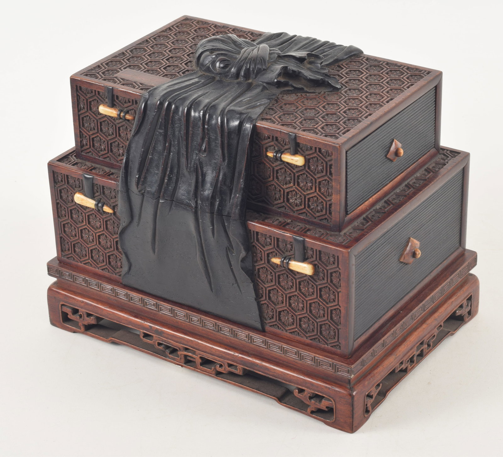 Treasure box. China. Chien Lung period (1735-1796). Zitan and hung mu. Carved allover with brocade (1 of 9)
