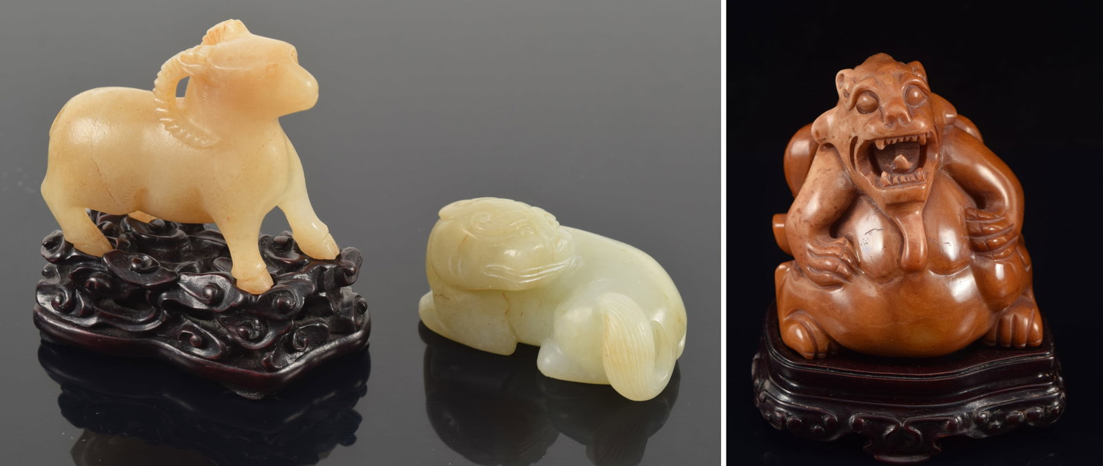 3 carvings. China. 19th century. To include: a soapstone bear, foo dog, and ram. Largest 2.75in. (1 of 9)