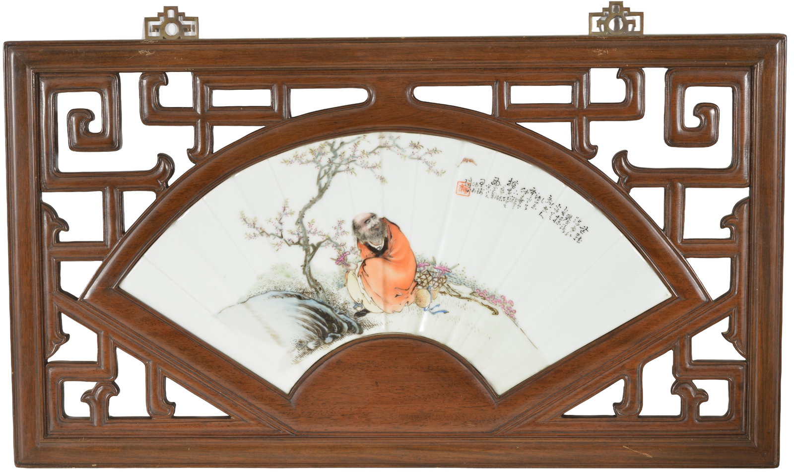 Finely painted Chinese porcelain plaque, in the style of Wang Qi. Convex fan form molded porcelain.: Finely painted Chinese porcelain plaque, in the style of Wang Qi. Convex fan form molded porcelain. Lengthy inscription and seal mark. Reticulated wood frame. Plaque: 19.5in wide. Overall: 27.5in wide
