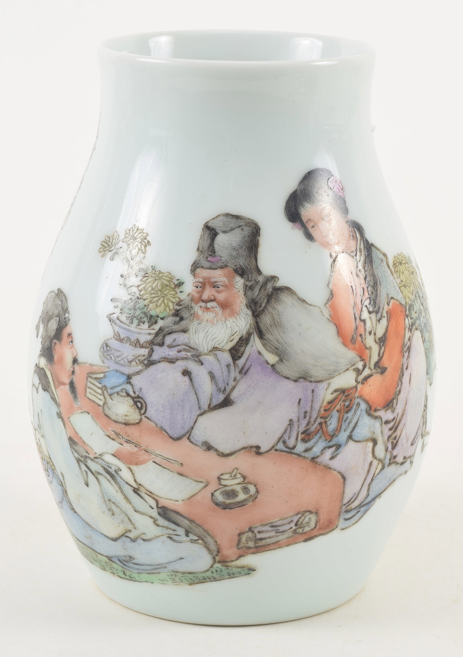 20th century Republic period style porcelain vase. Scholar decoration with seals. Hallmark on base.: 20th century Republic period style porcelain vase. Scholar decoration with seals. Hallmark on base. 7.25in high.