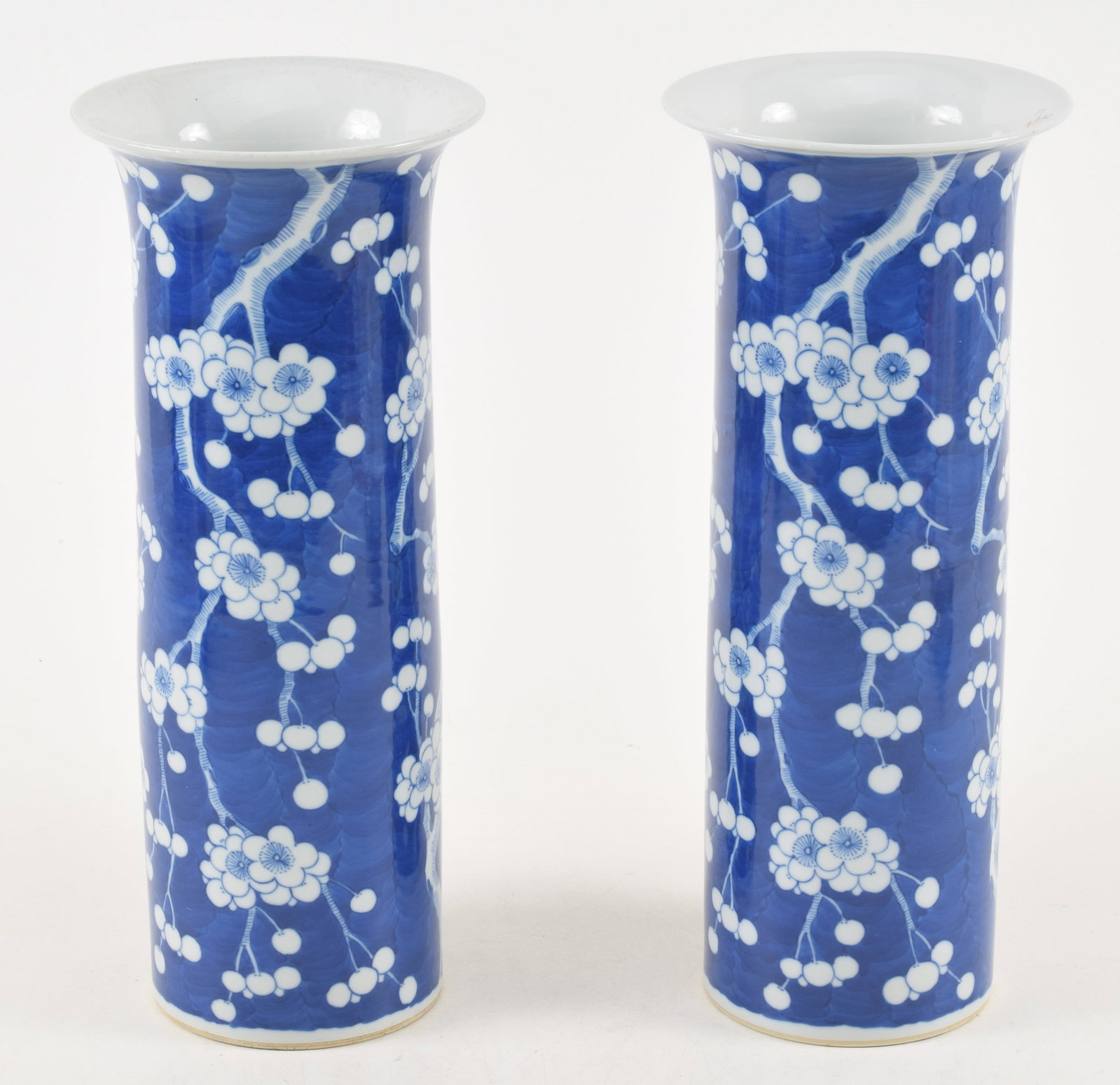 19th/20th century Chinese prunus decorated porcelain beaker vases. Marked on base. 11.75in high. (1 of 5)