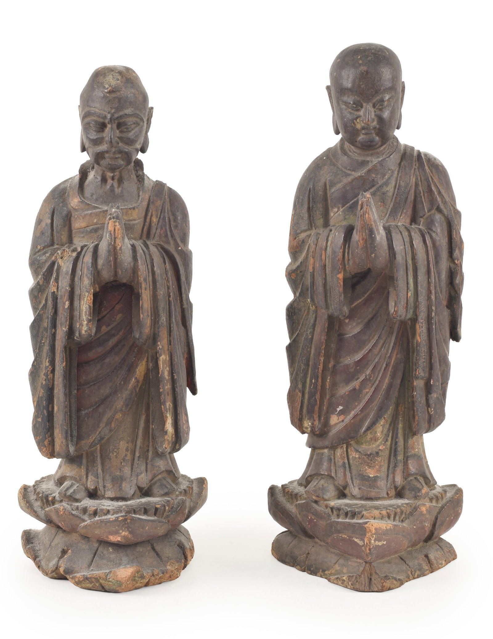Pair of 19th century or earlier standing buddhist figures. Carved in wood with polychrome and gilt (1 of 9)