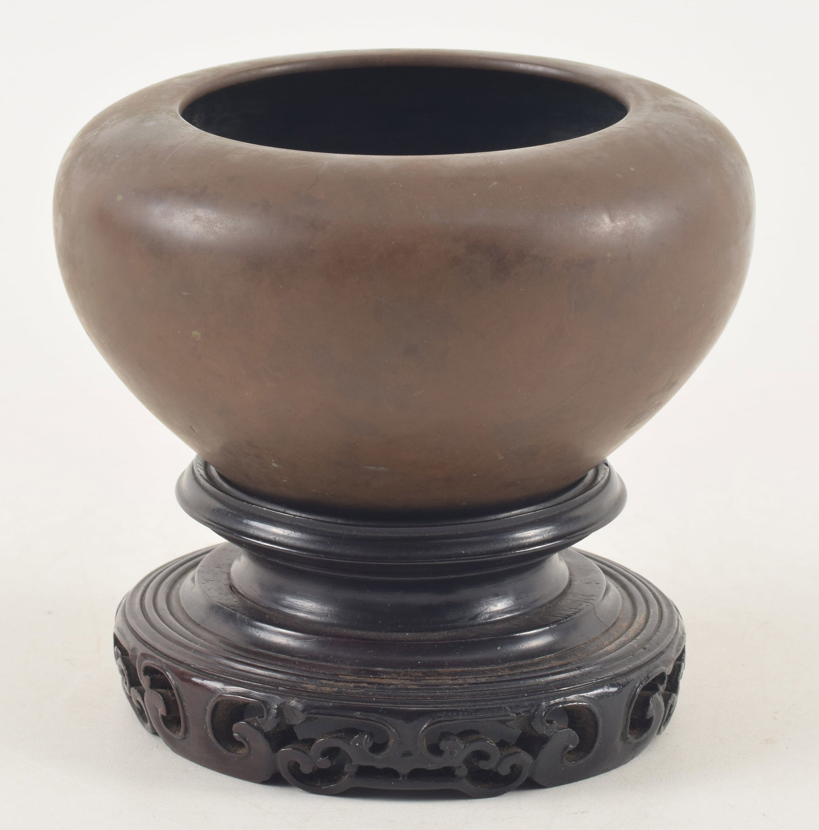 Bronze water coupe. China. 18th century. Inscription on bottom. Fitted stand. 5in diameter, 3in high (1 of 6)