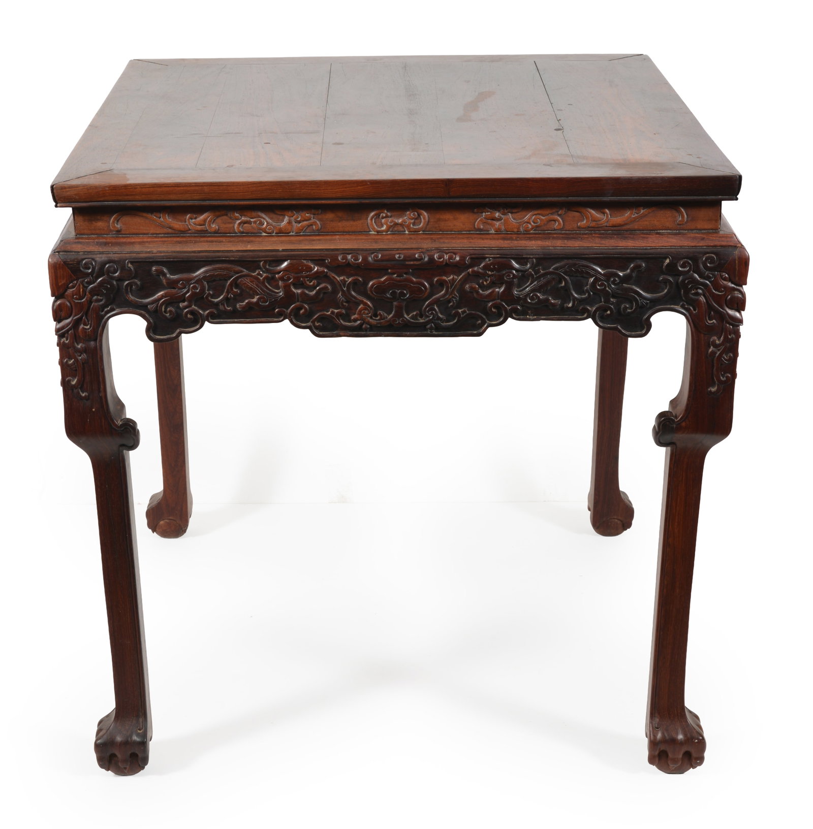 19th Century Chinese carved hardwood table with square top above scolled and floral carved arpons. (1 of 9)