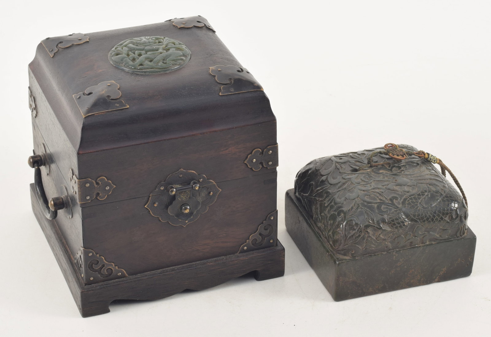 20th century Chinese large dragon carved dark green jade boxed seal. Hardwood brass and jade mounted (1 of 4)