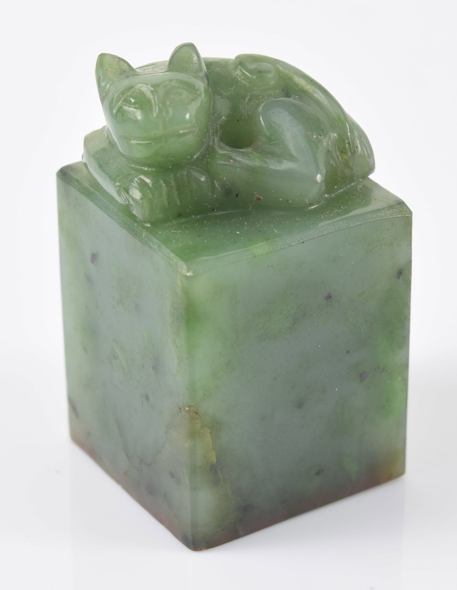 Green jade seal. China. 19th century. Cat finial. Inscription intact. 1.75in. (1 of 5)