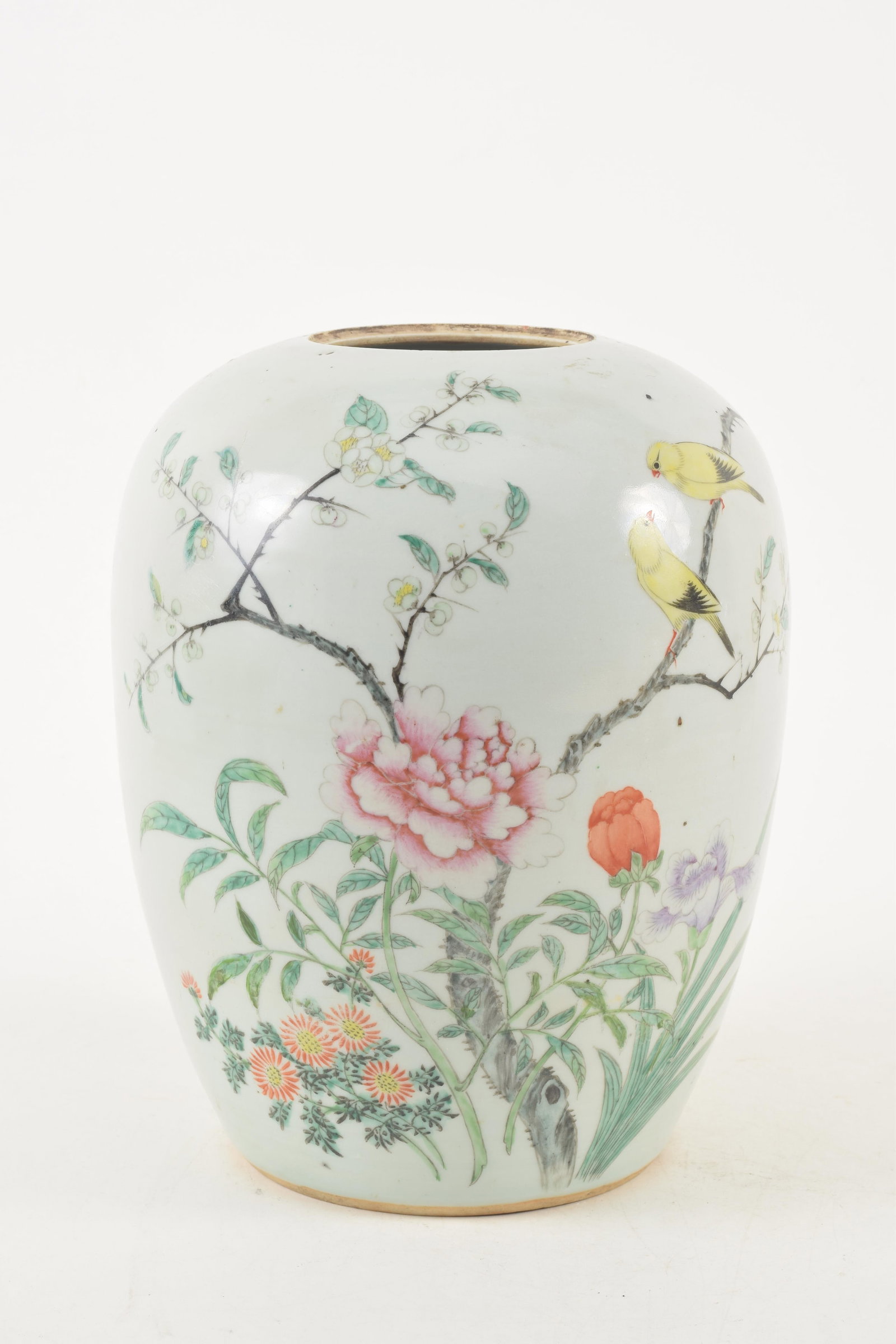 Porcelain jar. China. Ca. 1930. Oviform. Famille rose decoration of birds and flowers. (1 of 18)