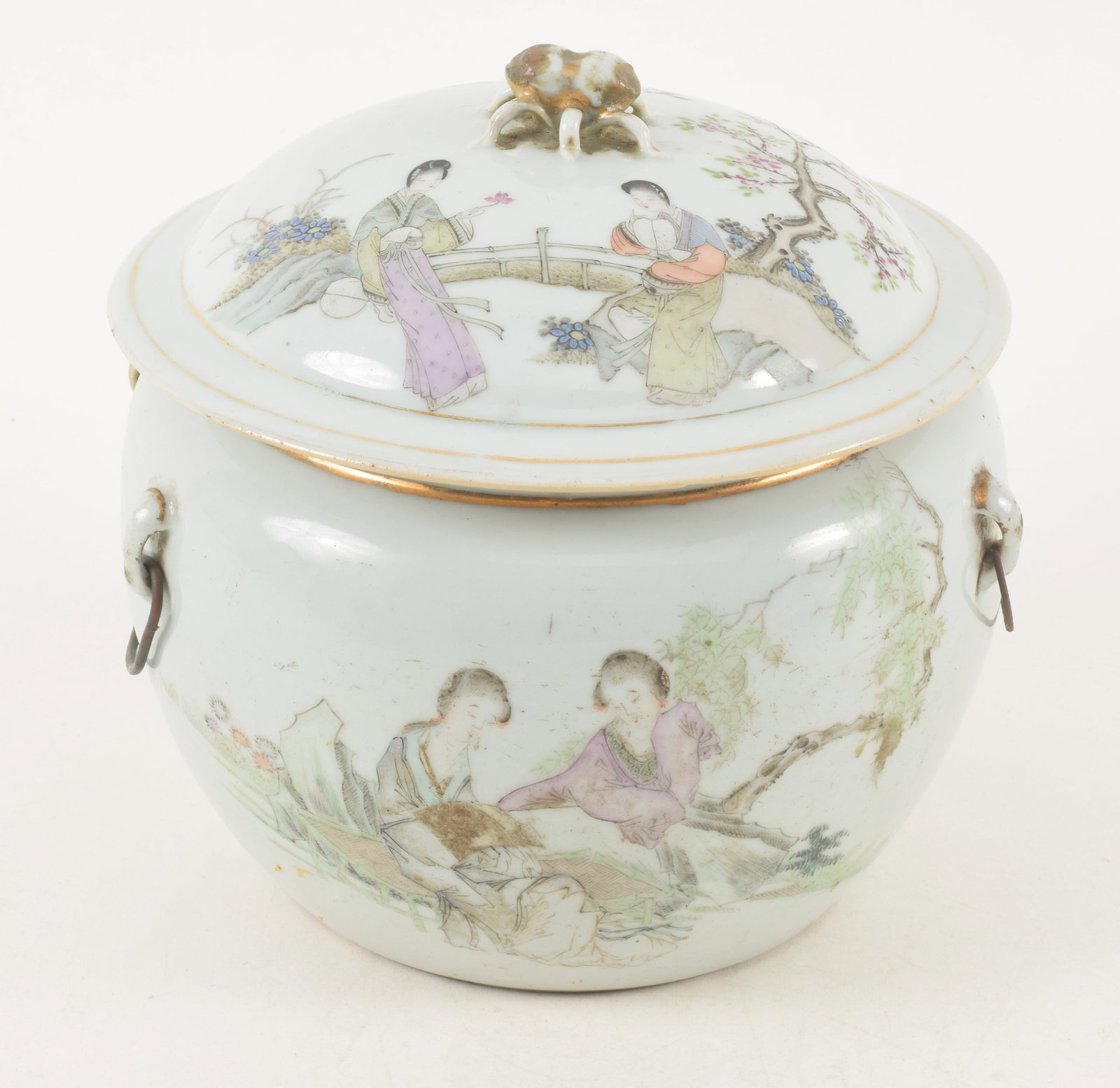 Porcelain covered bowl. China. Ca. 1930. Famille rose decoration of women. 8 x 8in. Chips. (1 of 18)