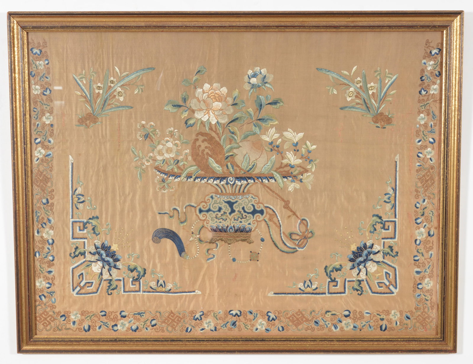 18th century Chinese silk embroidered panel with vase of flowers. Framed under glass. Overall: 30 x (1 of 7)