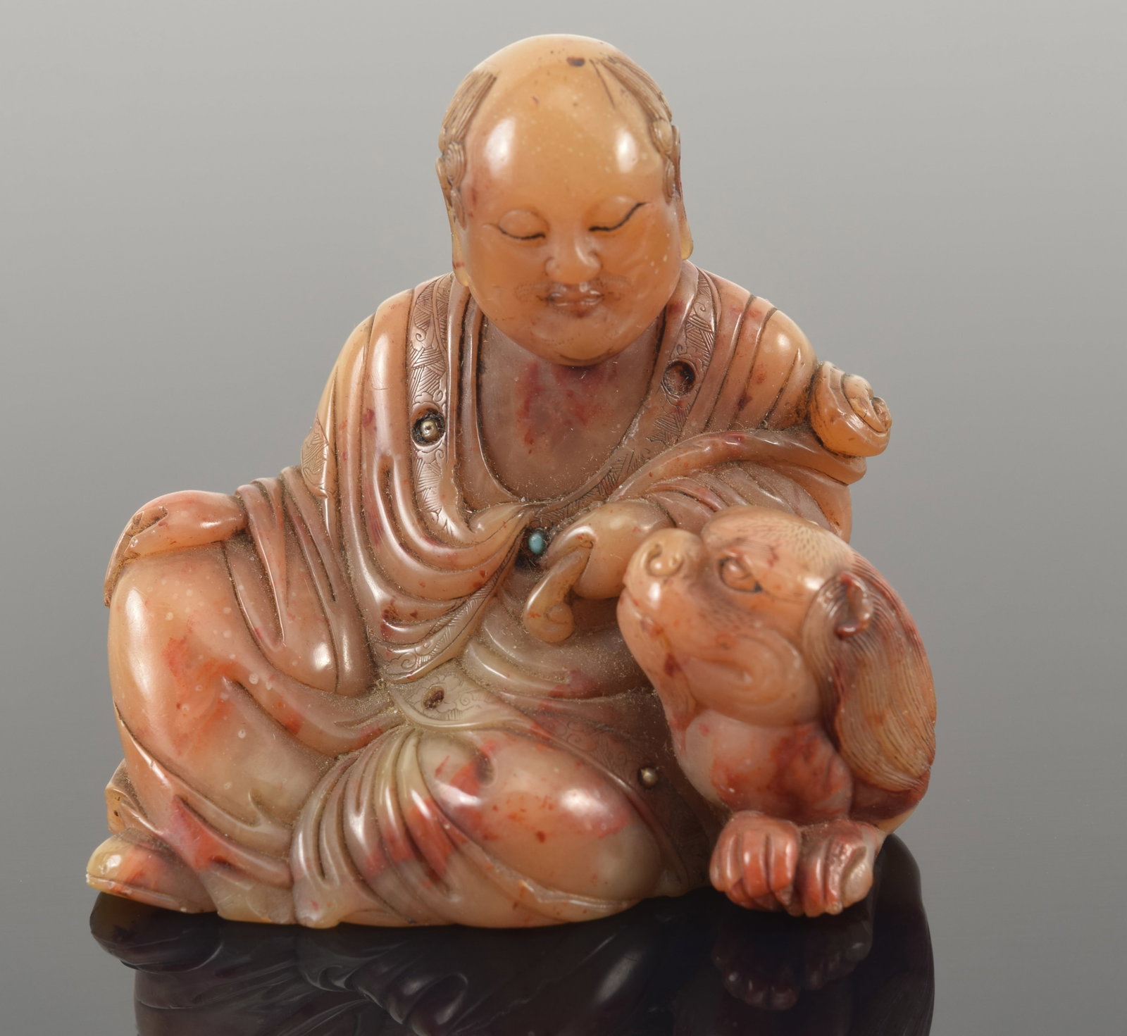 Fine quality Chinese soapstone carving of a seated man with beast. Turquoise and silver pebble (1 of 5)