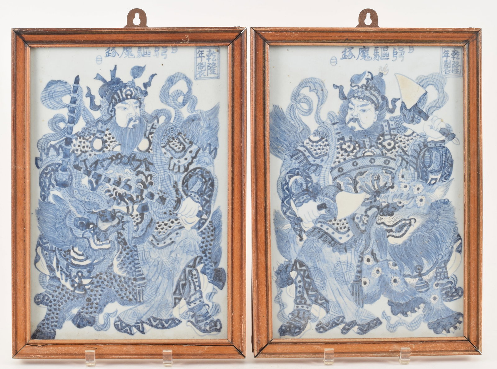 Pair of 19th century Chinese blue and white hand painted porcelain plaques of warriors with mythical (1 of 8)