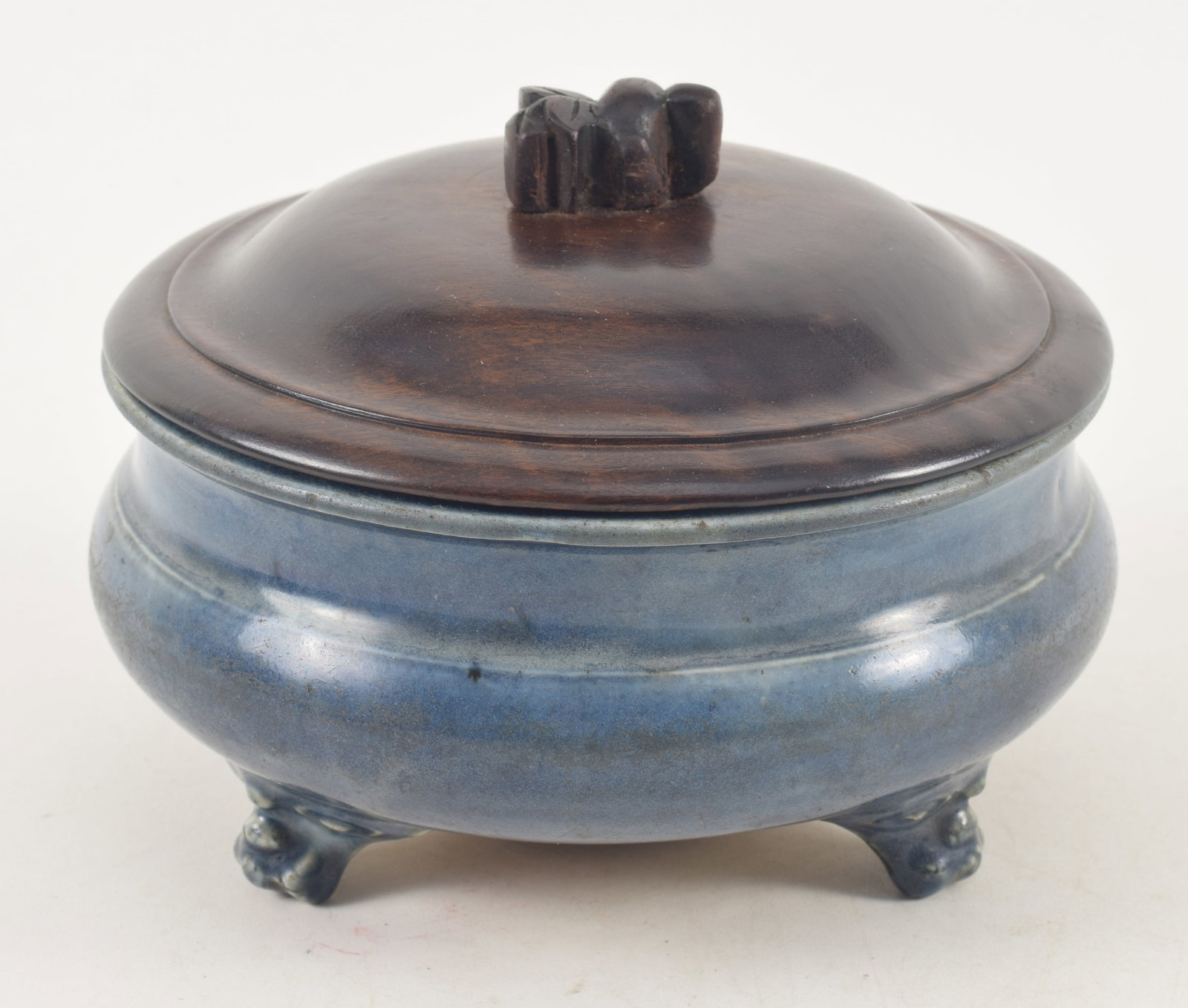 18th century Chinese blue glaze porcelain tri-pod censer. Figural mask feat. 1.5in hairline from top (1 of 8)