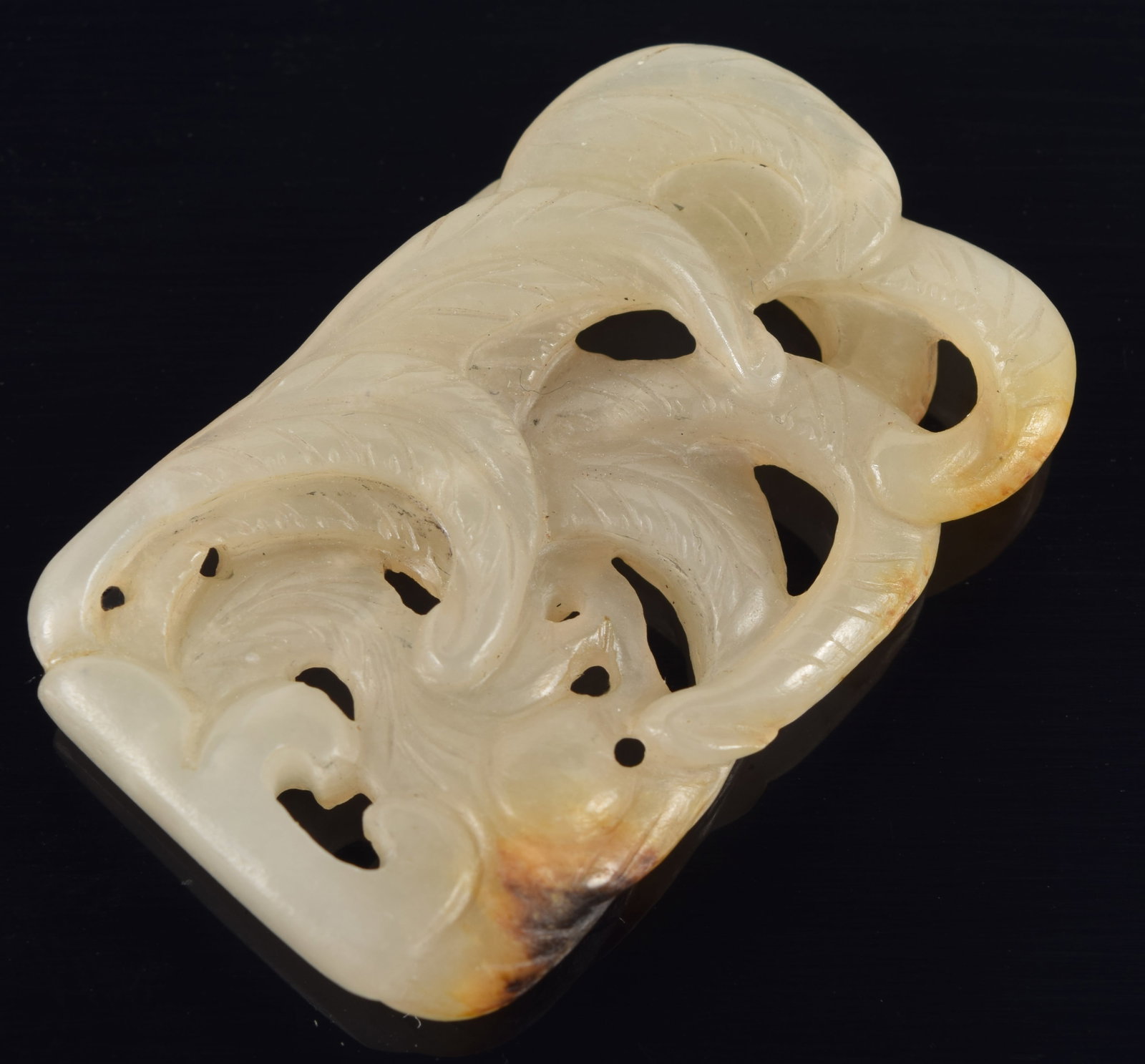 Jade carving. China. 19th century. Rectangular form carved as foliage. 2in. (1 of 4)