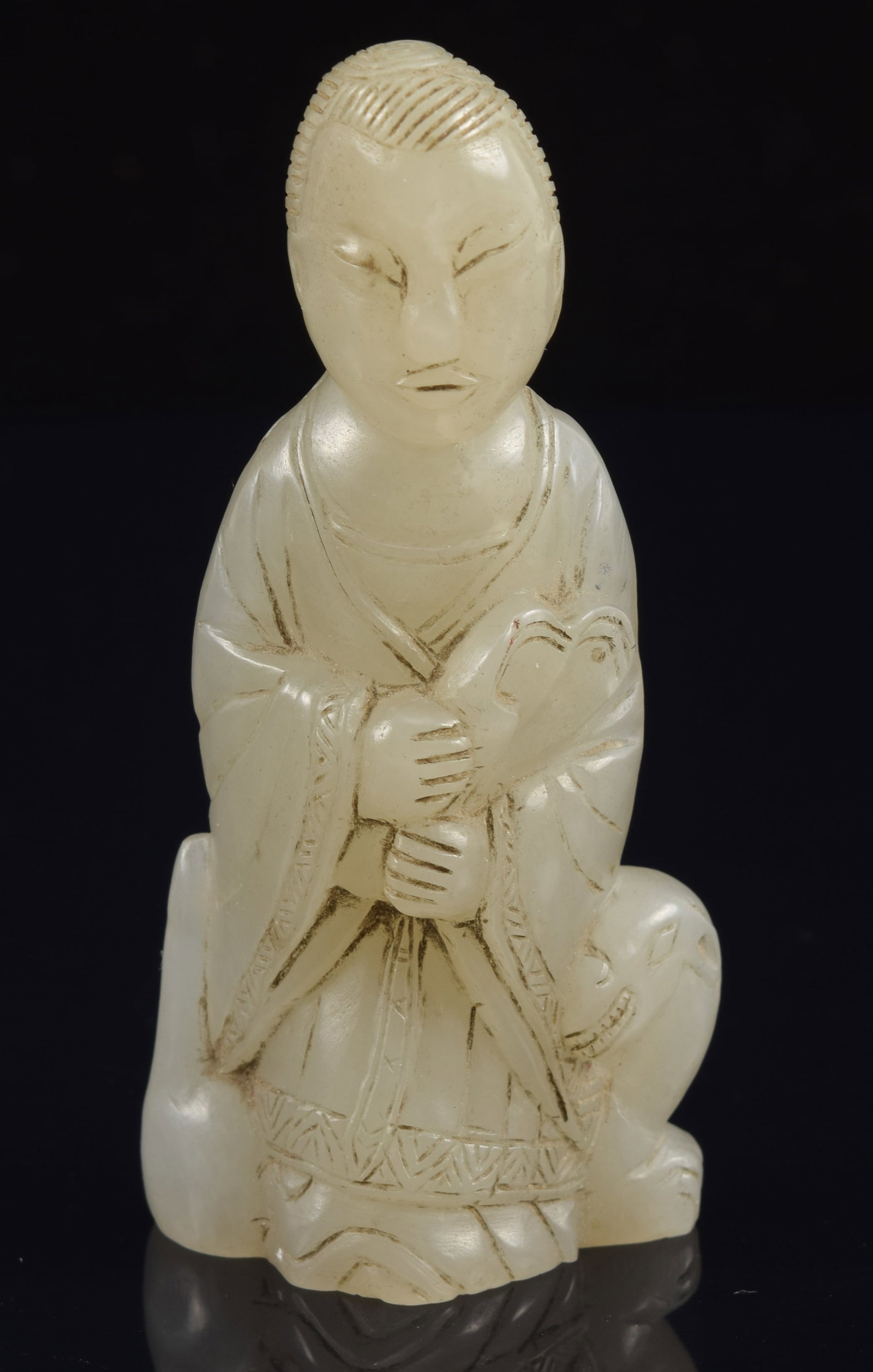 19th century or earlier Chinese white jade carving of a standing Guanyin with dog at her feet. 3in (1 of 5)