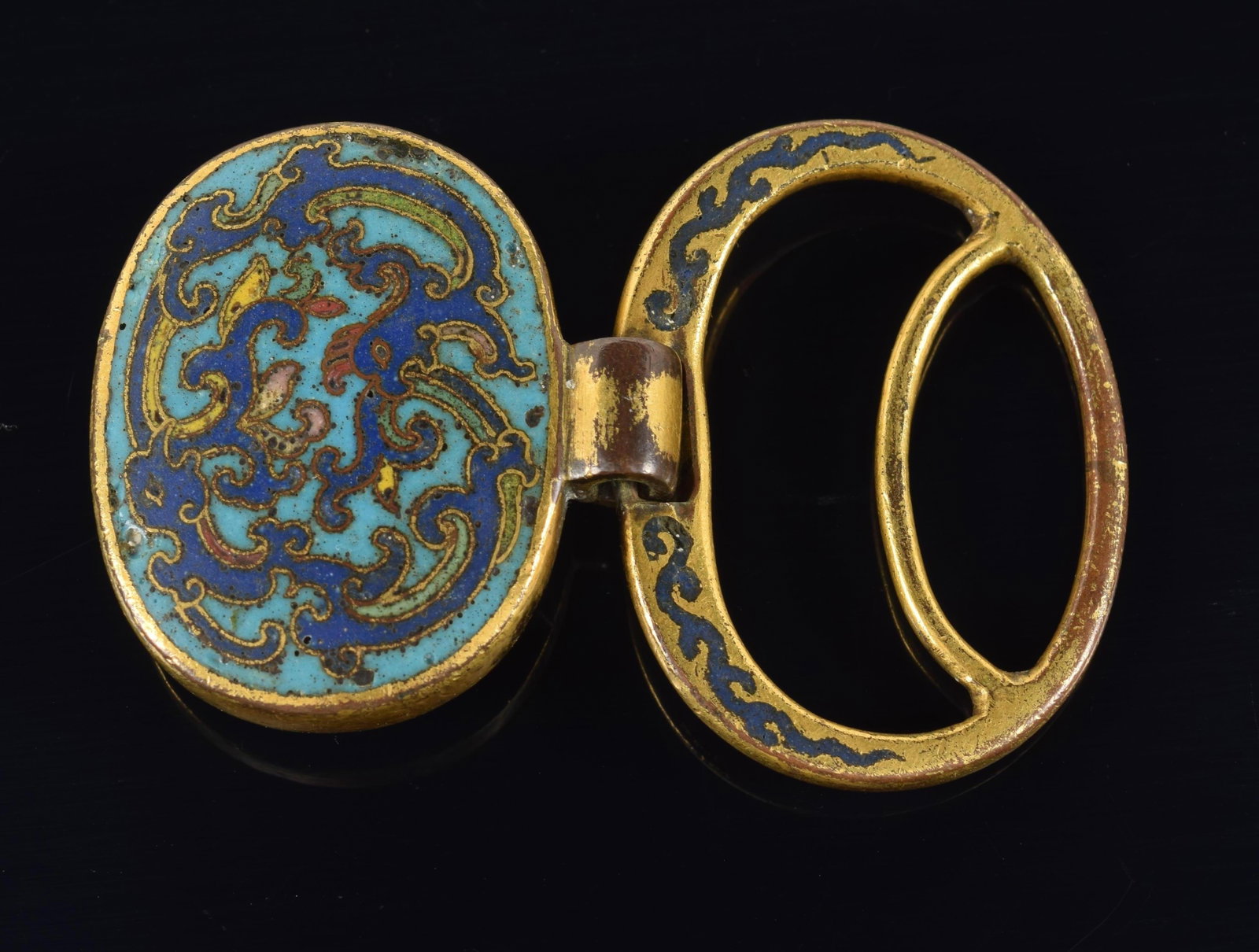 18th century Chinese gilt bronze and cloisonne dragon decorated buckle. Overall: 2.75in wide. (1 of 4)