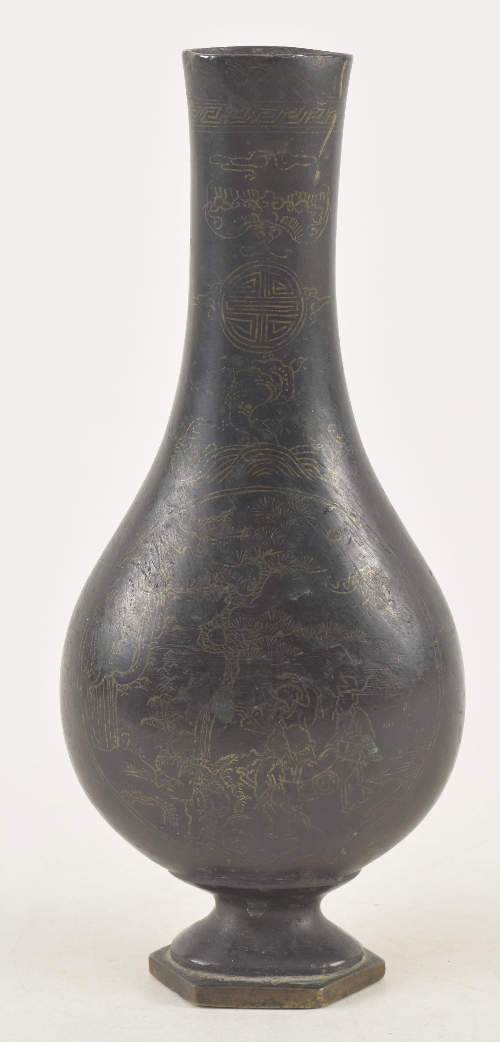Bronze vase. China. 18th century. Shih So style inlay of figures in landscapes. 7in.: Bronze vase. China. 18th century. Shih So style inlay of figures in landscapes. 7in.