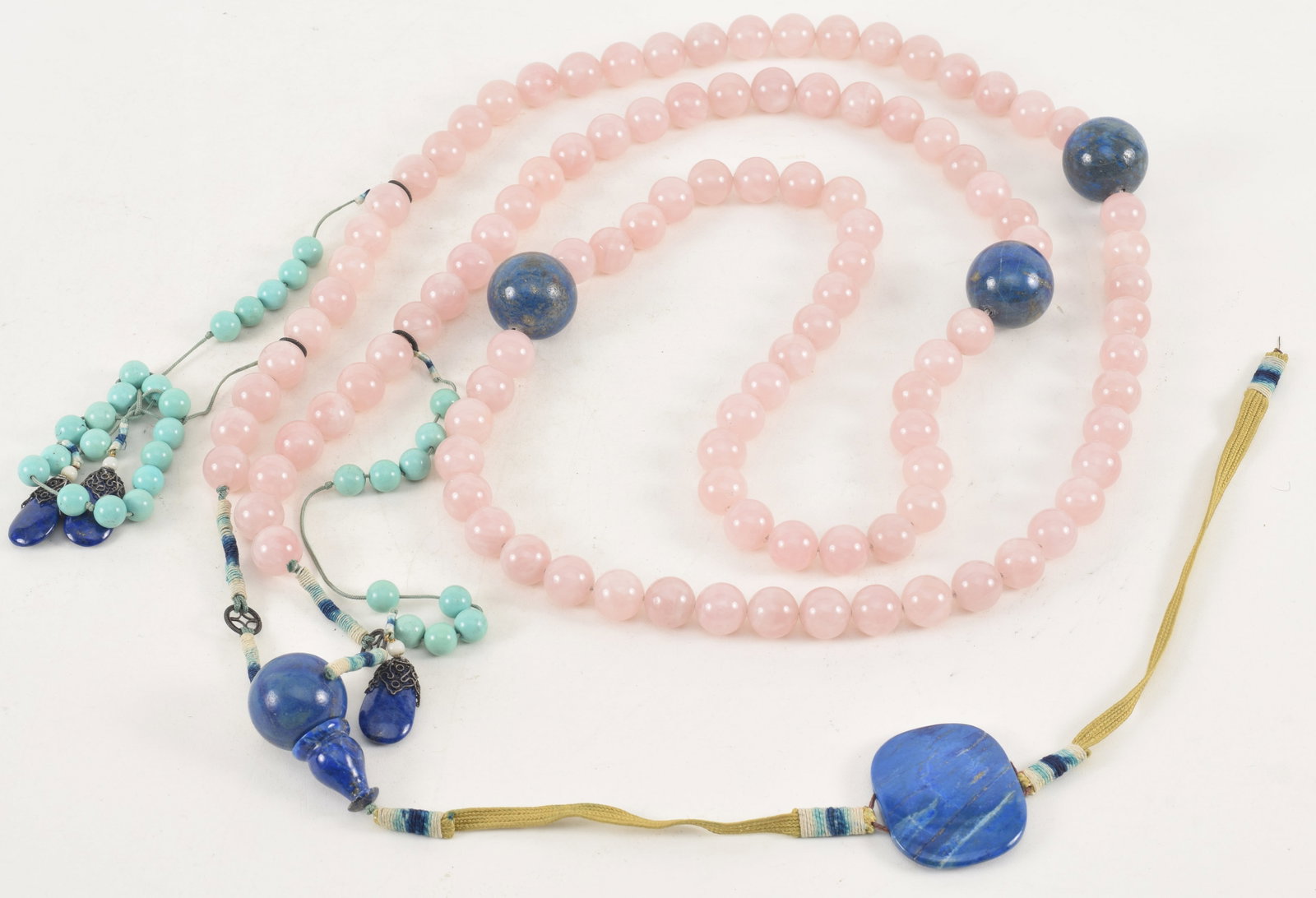 19th/20th century large Chinese rose quartz, turquoise, and lapis lazuli bead court necklace. Size (1 of 5)
