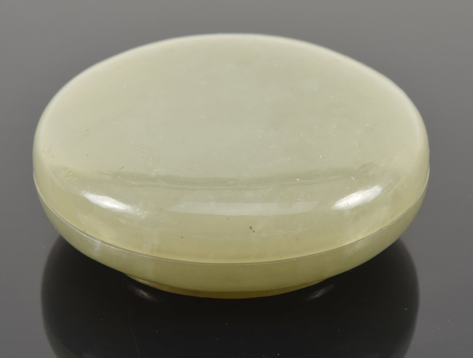 Chinese carved jade round seal paste box. 19th century. Repairs to edge of lid. 2.25in diameter. (1 of 5)
