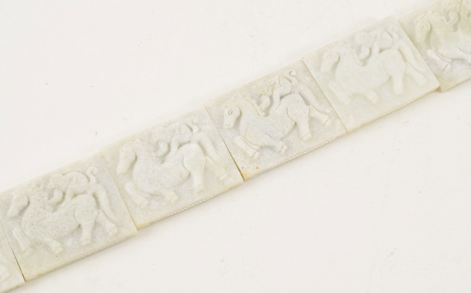 20th century Chinese carved jade 14-panel belt. Rectangular plaques each with relief carved monkey (1 of 6)