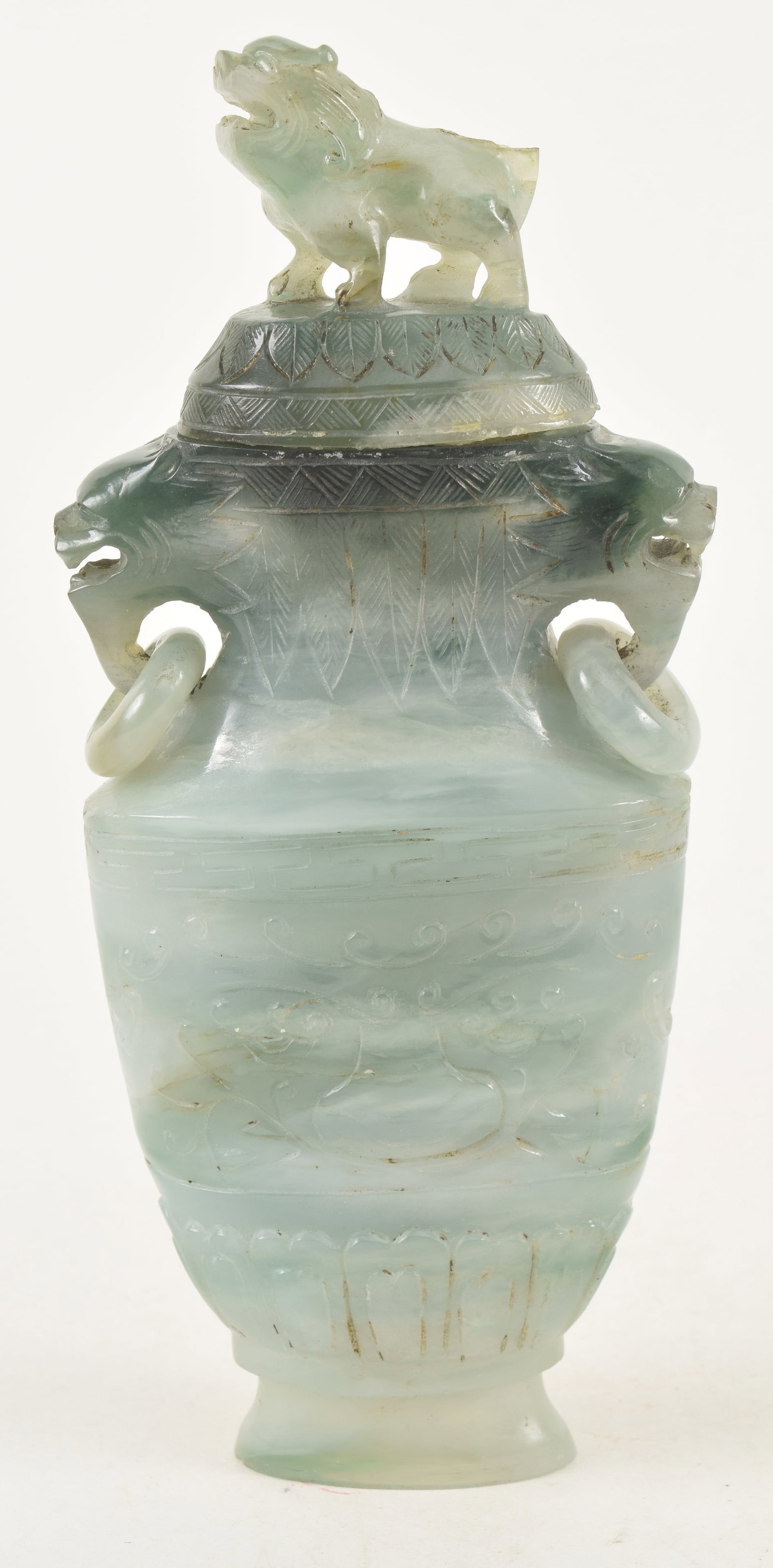 Early 20th century Chinese carved jadeite covered vase with ring handles and buddhist lion finial. (1 of 5)